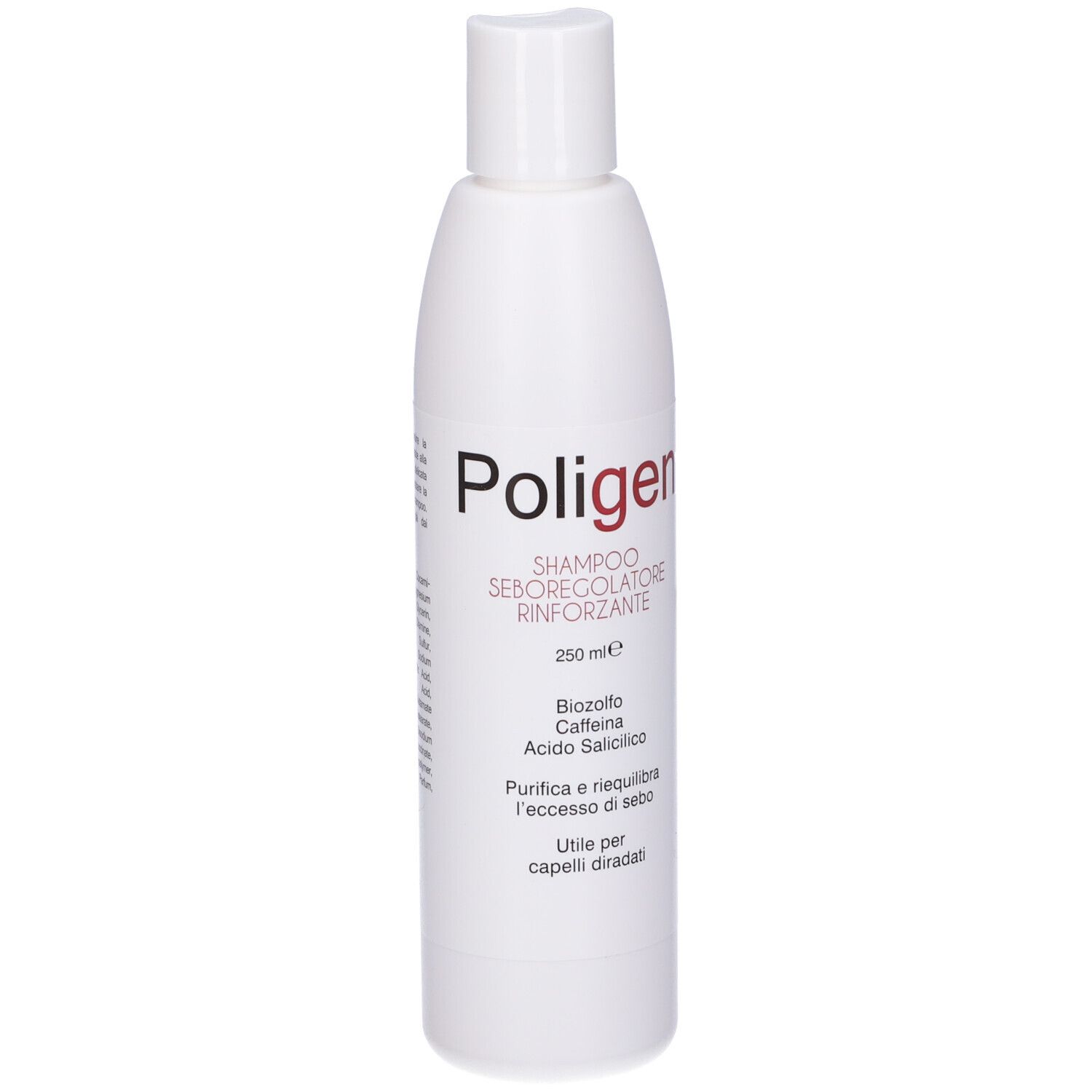 Flacone bianco con testo rosso e nero. Scritto: Poligen Shampoo. Contiene Biozolfo, Caffeina, Acido Salicilico.
