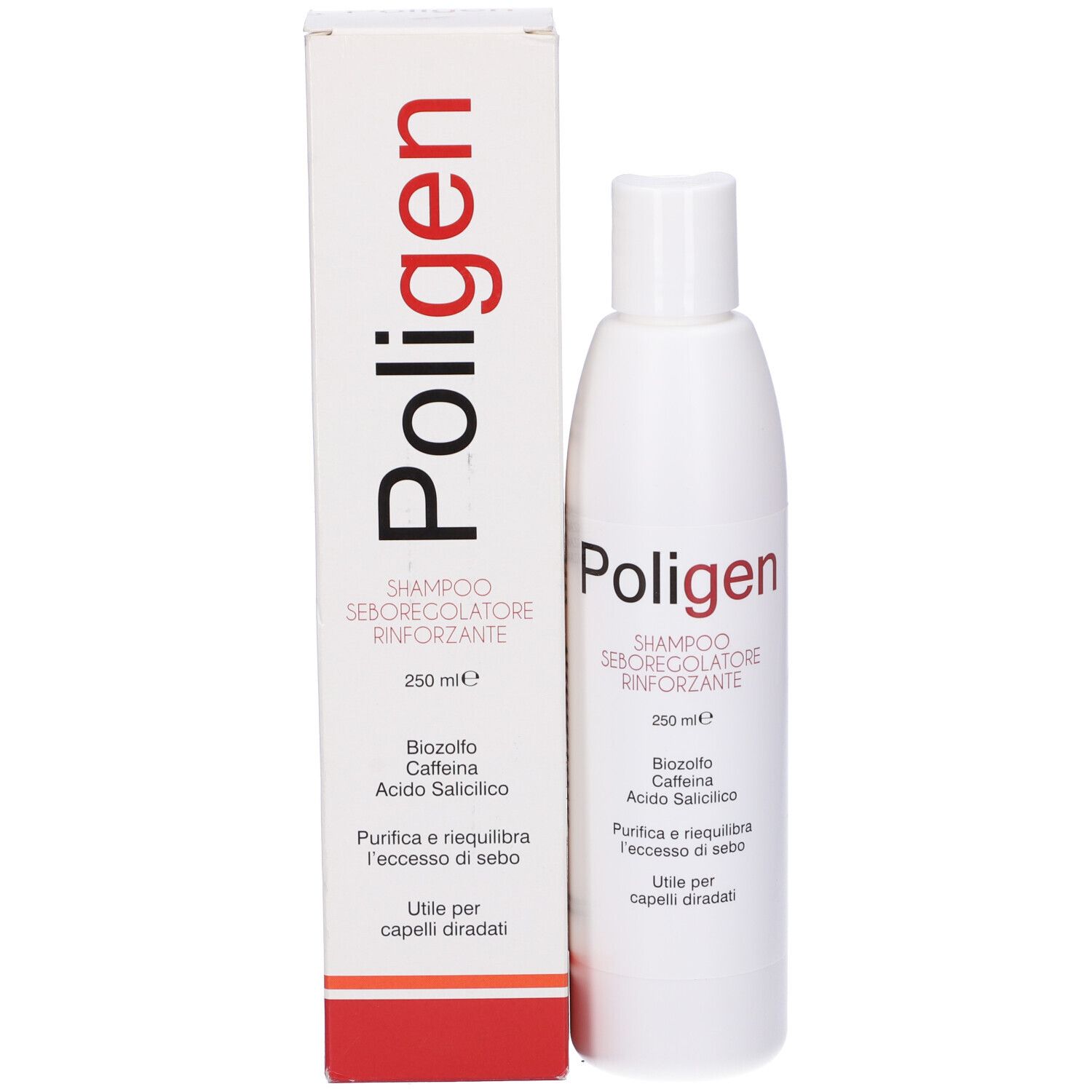Flacone e scatola bianchi. Scritto: Poligen Shampoo. Contiene Biozolfo, Caffeina, Acido Salicilico. 250 ml.