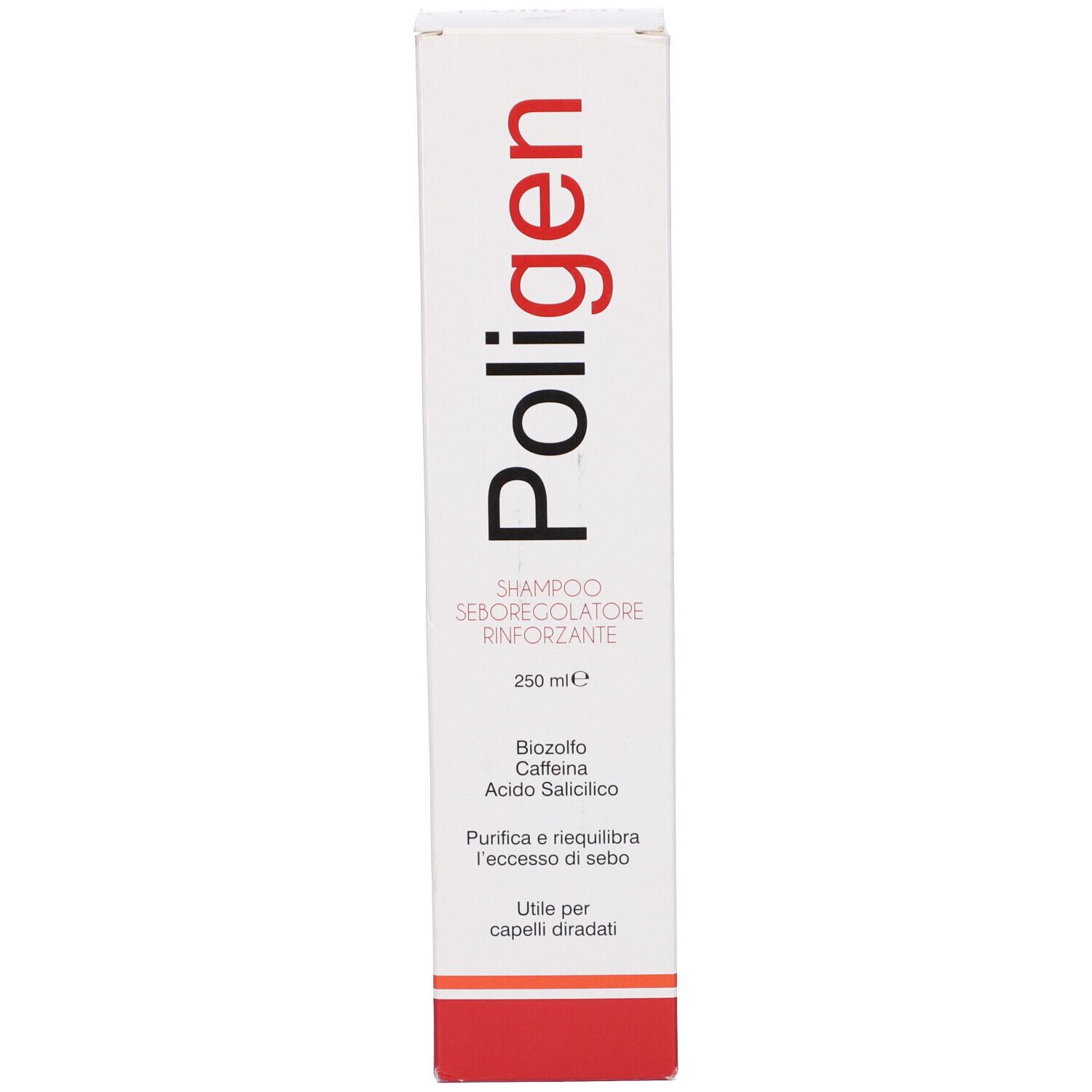 Scatola bianca con testo rosso e nero. Scritto: Poligen Shampoo. Contiene Biozolfo, Caffeina, Acido Salicilico.