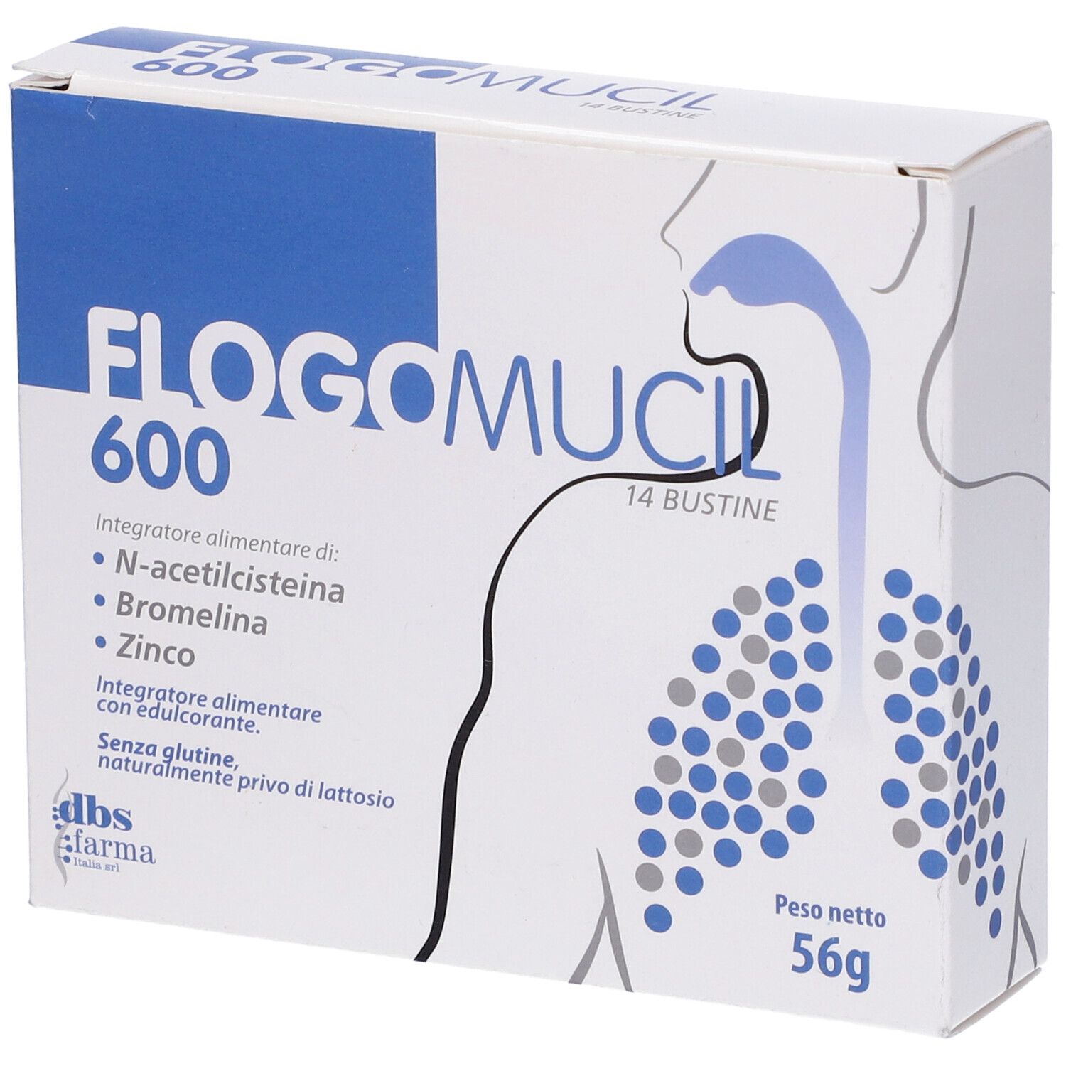 Scatola bianca con testo blu. Scritto: Flogomucil 600, 14 Bustine. Contiene N-acetilcisteina, Bromelina, Zinco. Peso netto: 56g.