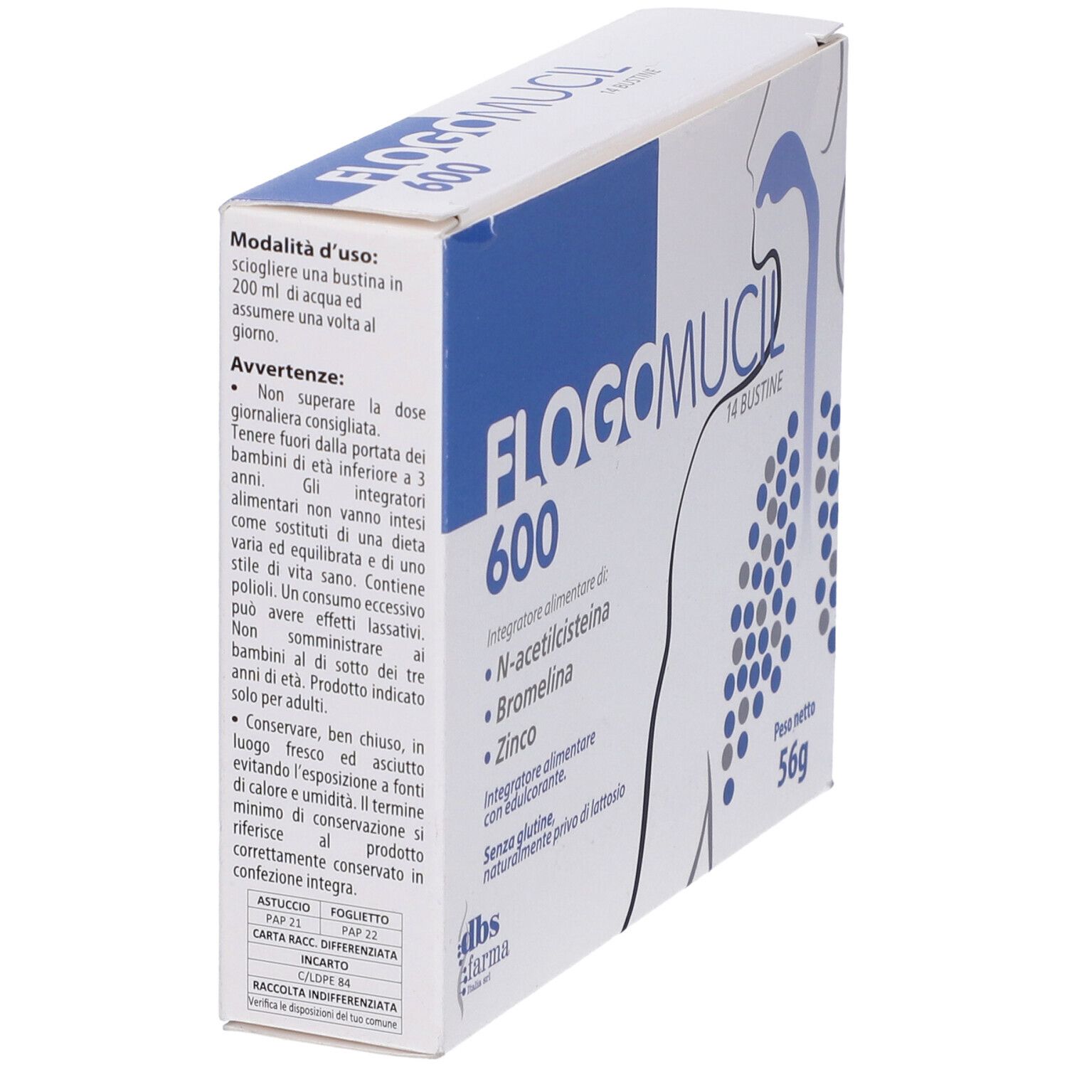 Scatola bianca con testo blu. Scritto: Flogomucil 600, 14 Bustine. Contiene N-acetilcisteina, Bromelina, Zinco. Peso netto: 56g.