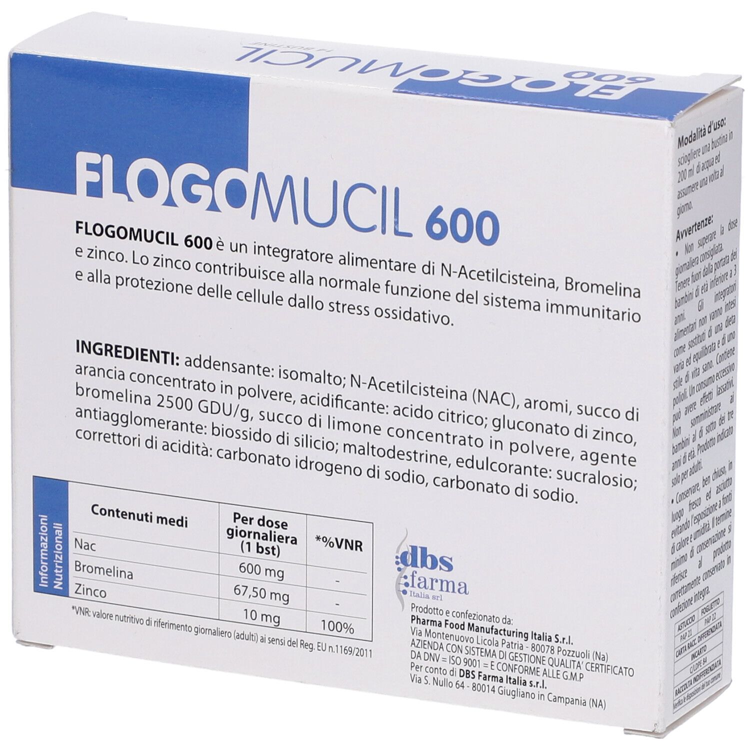 Scatola bianca con testo blu. Scritto: Flogomucil 600, 14 Bustine. Contiene N-acetilcisteina, Bromelina, Zinco. Peso netto: 56g. Ingredienti sul retro.