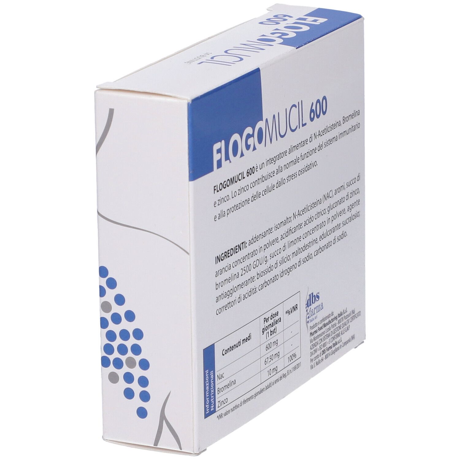 Scatola bianca con testo blu. Scritto: Flogomucil 600, 14 Bustine. Contiene N-acetilcisteina, Bromelina, Zinco. Peso netto: 56g. Ingredienti sul retro.
