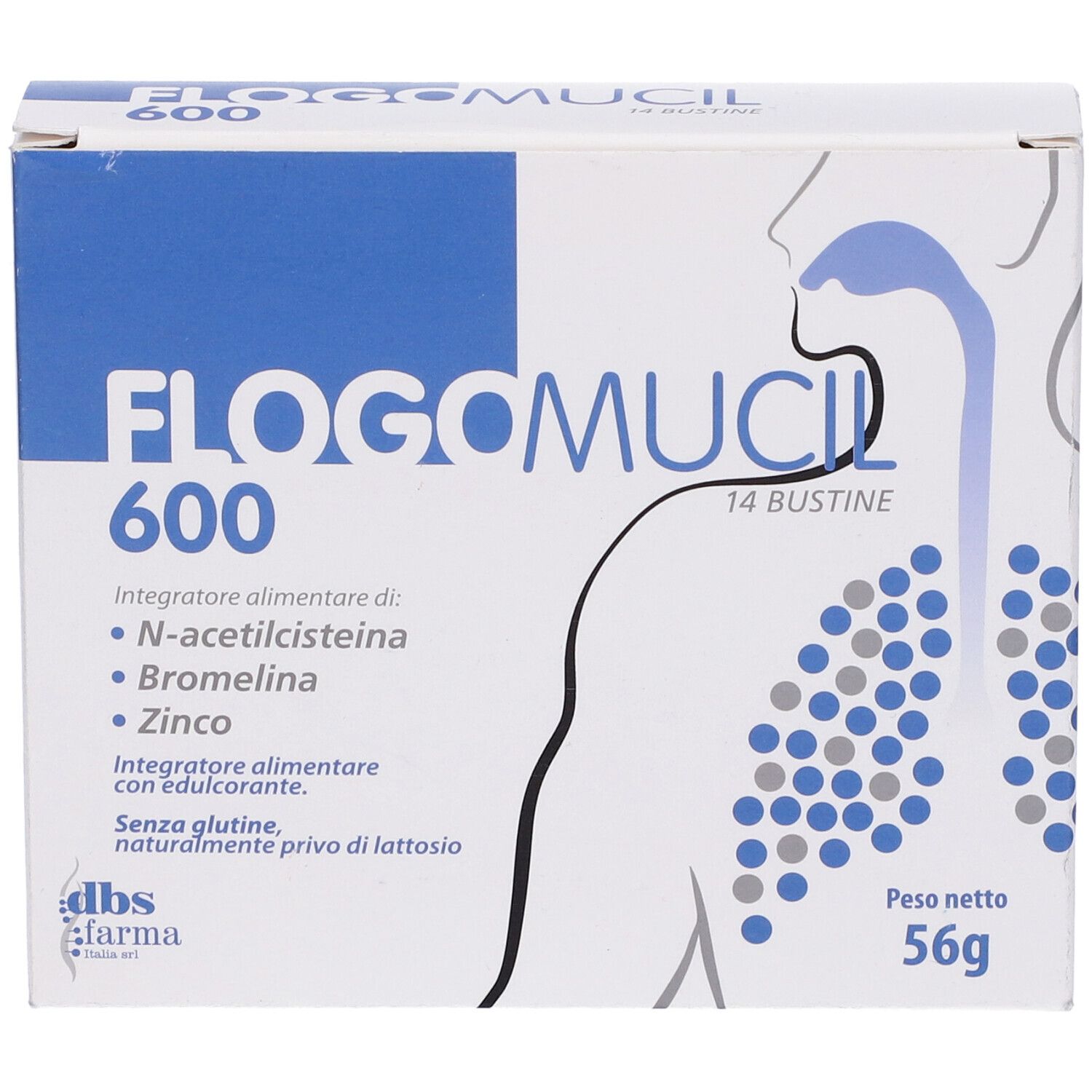 Scatola bianca con testo blu. Scritto: Flogomucil 600, 14 Bustine. Contiene N-acetilcisteina, Bromelina, Zinco. Peso netto: 56g.