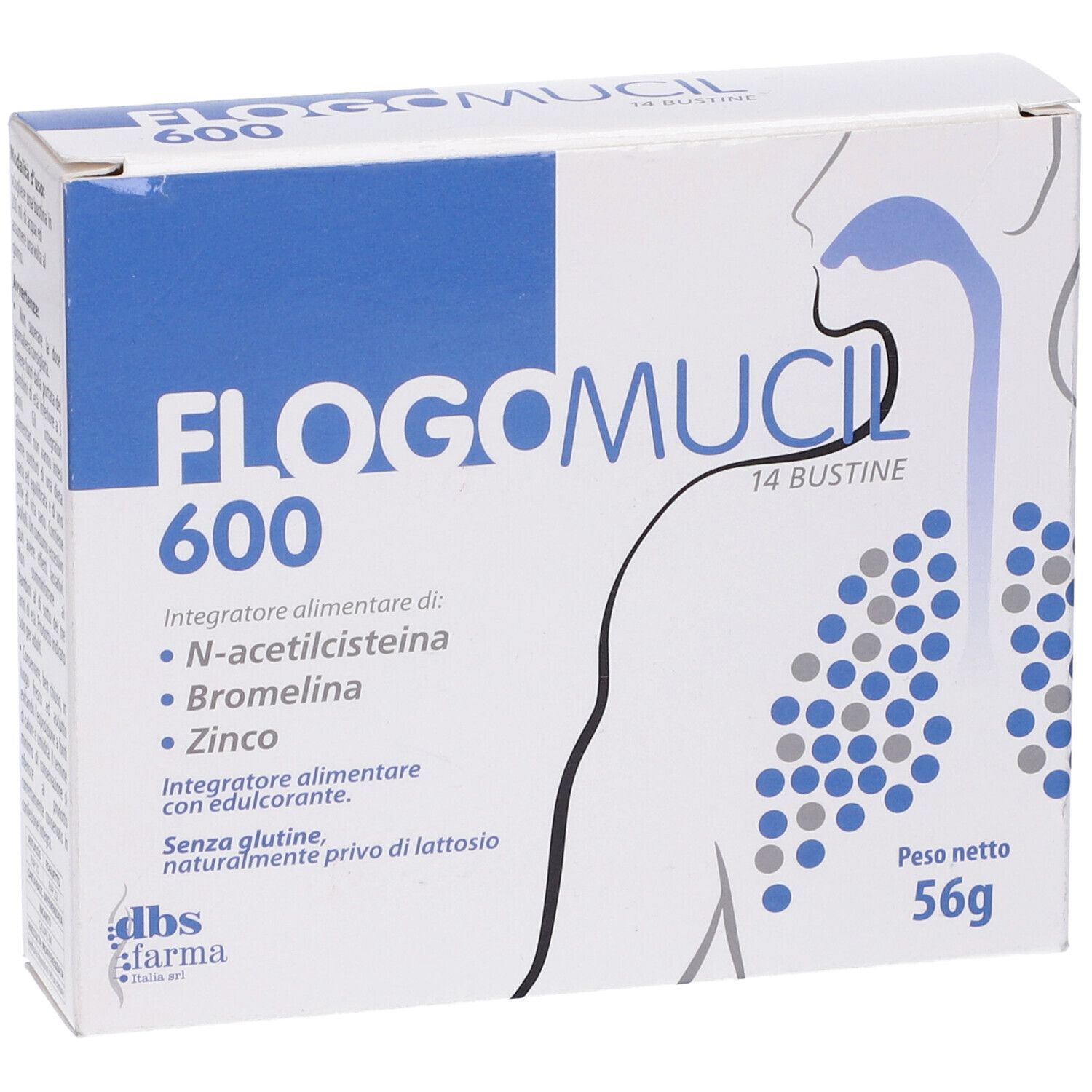 Scatola bianca con testo blu. Scritto: Flogomucil 600, 14 Bustine. Contiene N-acetilcisteina, Bromelina, Zinco. Peso netto: 56g.