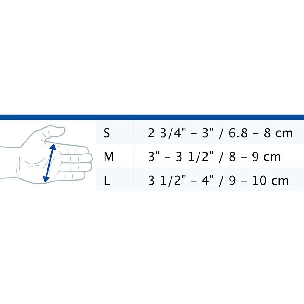 Tabella delle taglie per il tutore per il pollice. Taglie S, M, L con misure in centimetri per la circonferenza della mano.