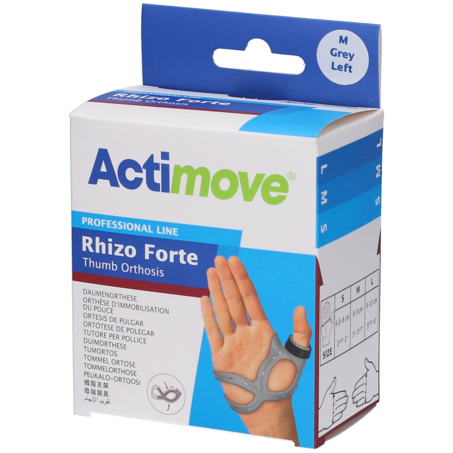 Confezione del tutore per pollice Actimove Rhizo Forte. Tutore grigio illustrato. Indicazioni taglia.