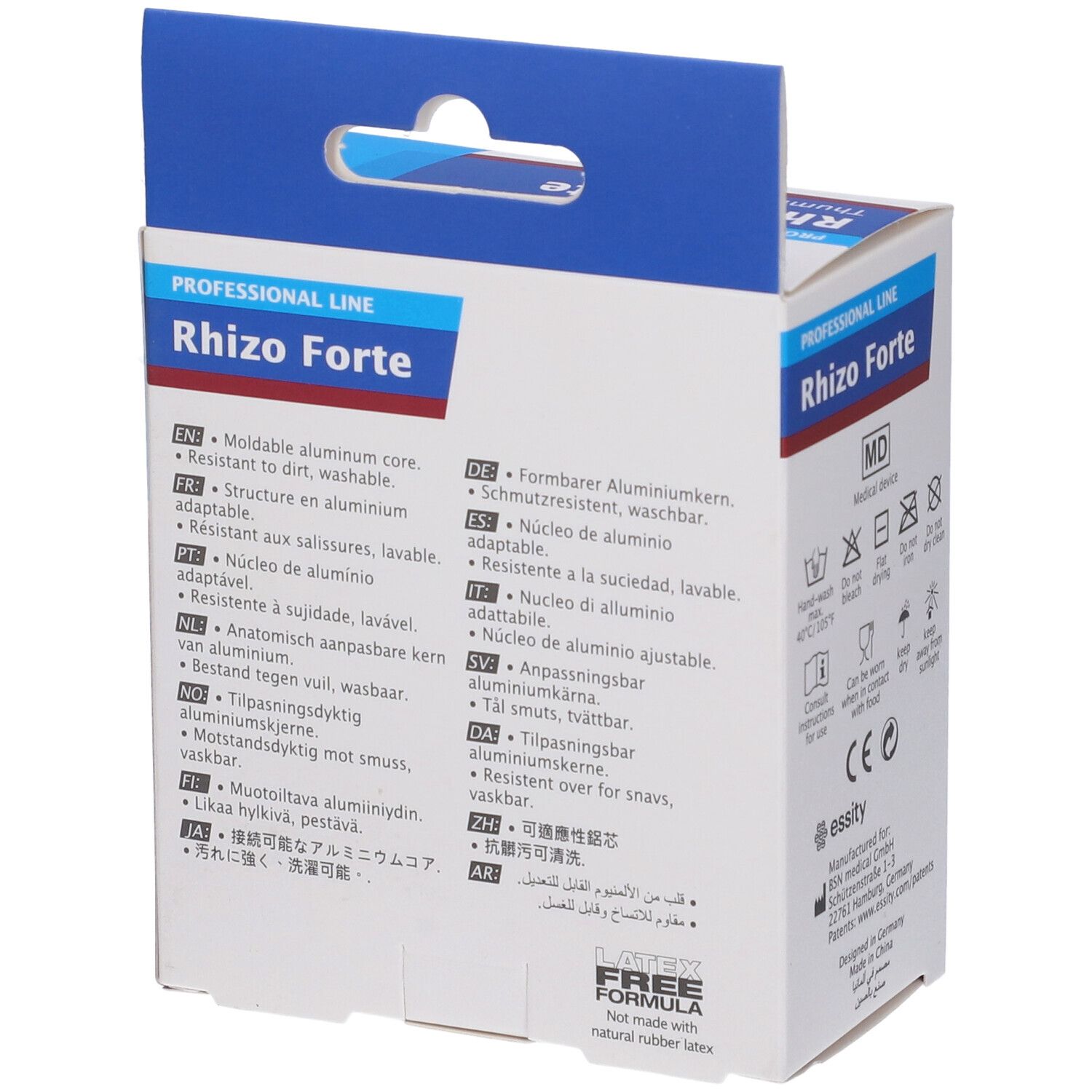 Retro della confezione Actimove Rhizo Forte. Informazioni sui materiali, lavabilità e senza lattice.