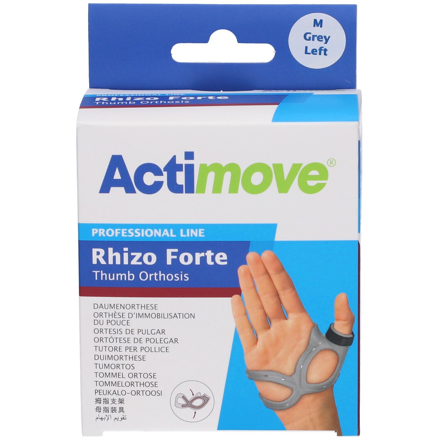 Confezione Actimove Rhizo Forte. Tutore per pollice grigio illustrato. Nome del prodotto e logo.