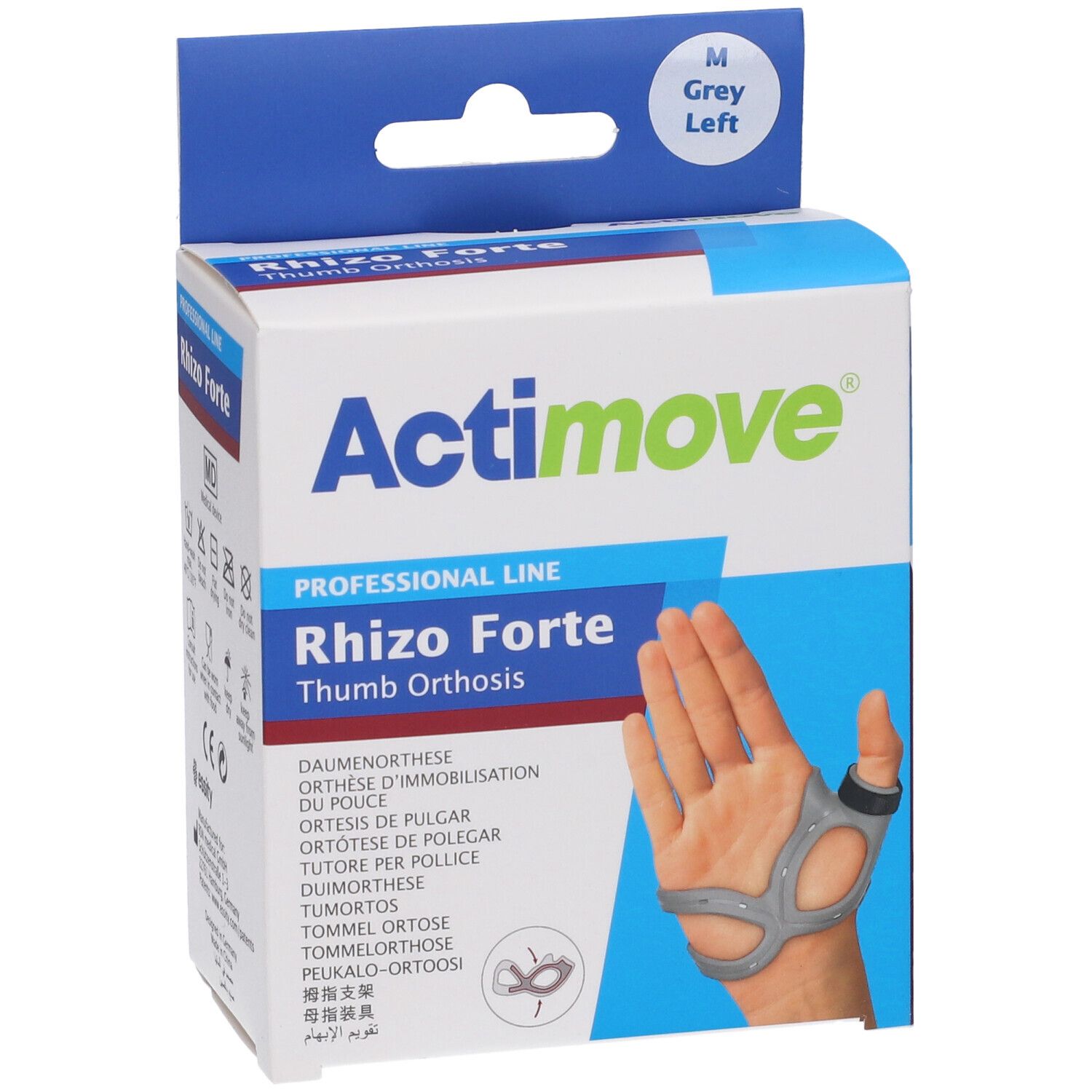 Confezione Actimove Rhizo Forte. Tutore per pollice grigio illustrato. Nome del prodotto e logo.