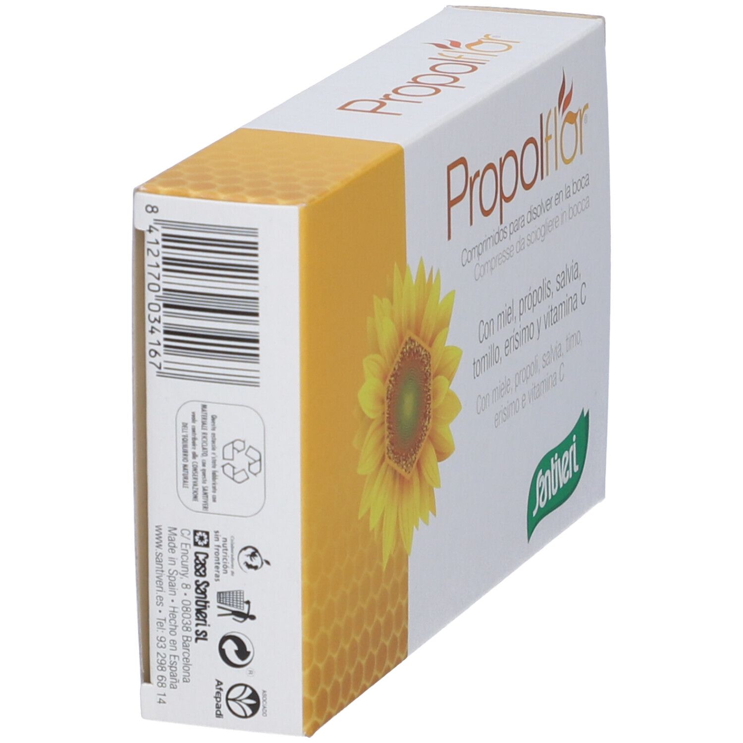 Scatola "Propolflor", vista laterale con codice a barre, simboli di riciclaggio e indirizzo. Logo Santiveri.