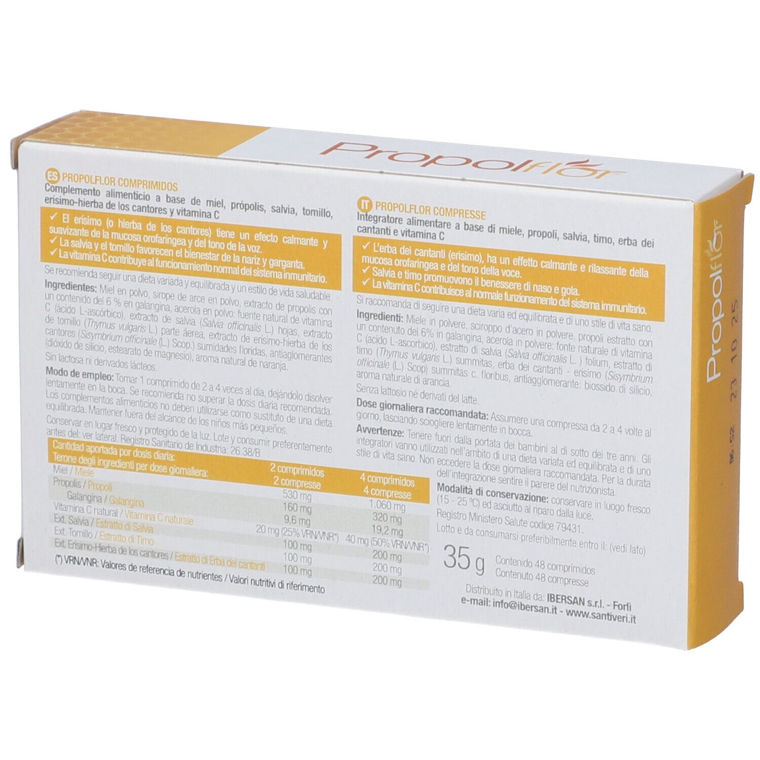 Retro della scatola "Propolflor". Testo con ingredienti e informazioni nutrizionali. Peso: 35g. Logo Santiveri.