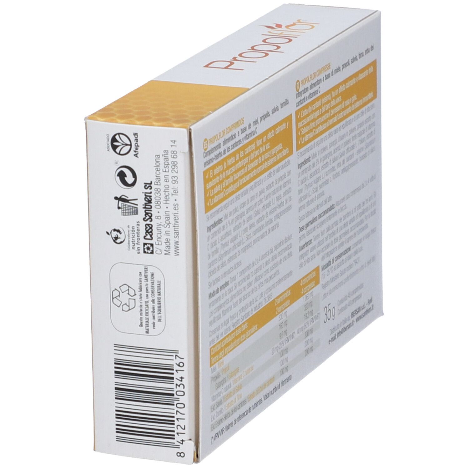 Vista laterale della scatola "Propolflor". Testo con ingredienti e informazioni nutrizionali. Logo Santiveri.