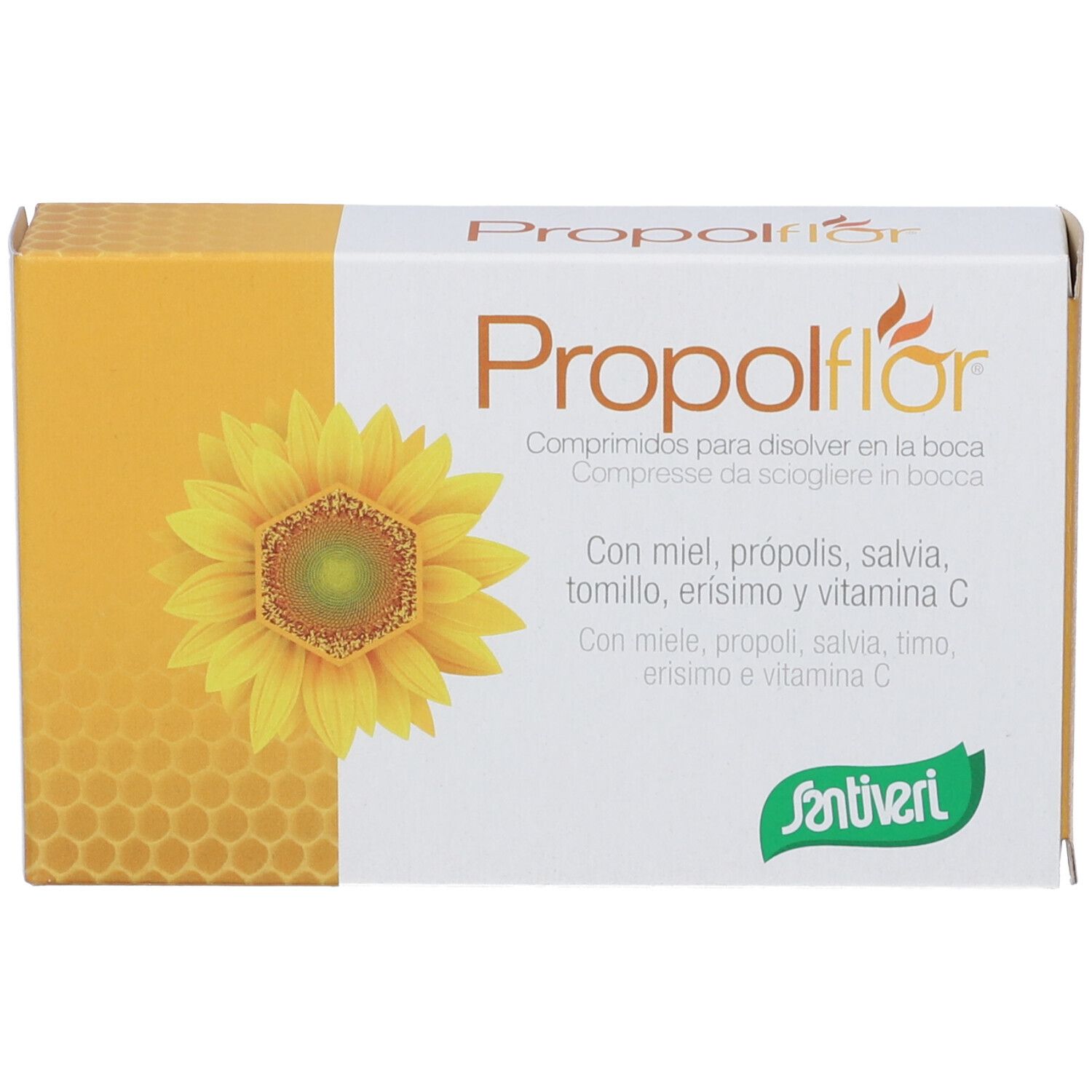 Scatola di compresse "Propolflor". Illustrazione di girasole. Testo: "Con miel, propolis, salvia, tomillo, erisimo y vitamina C". Logo Santiveri.