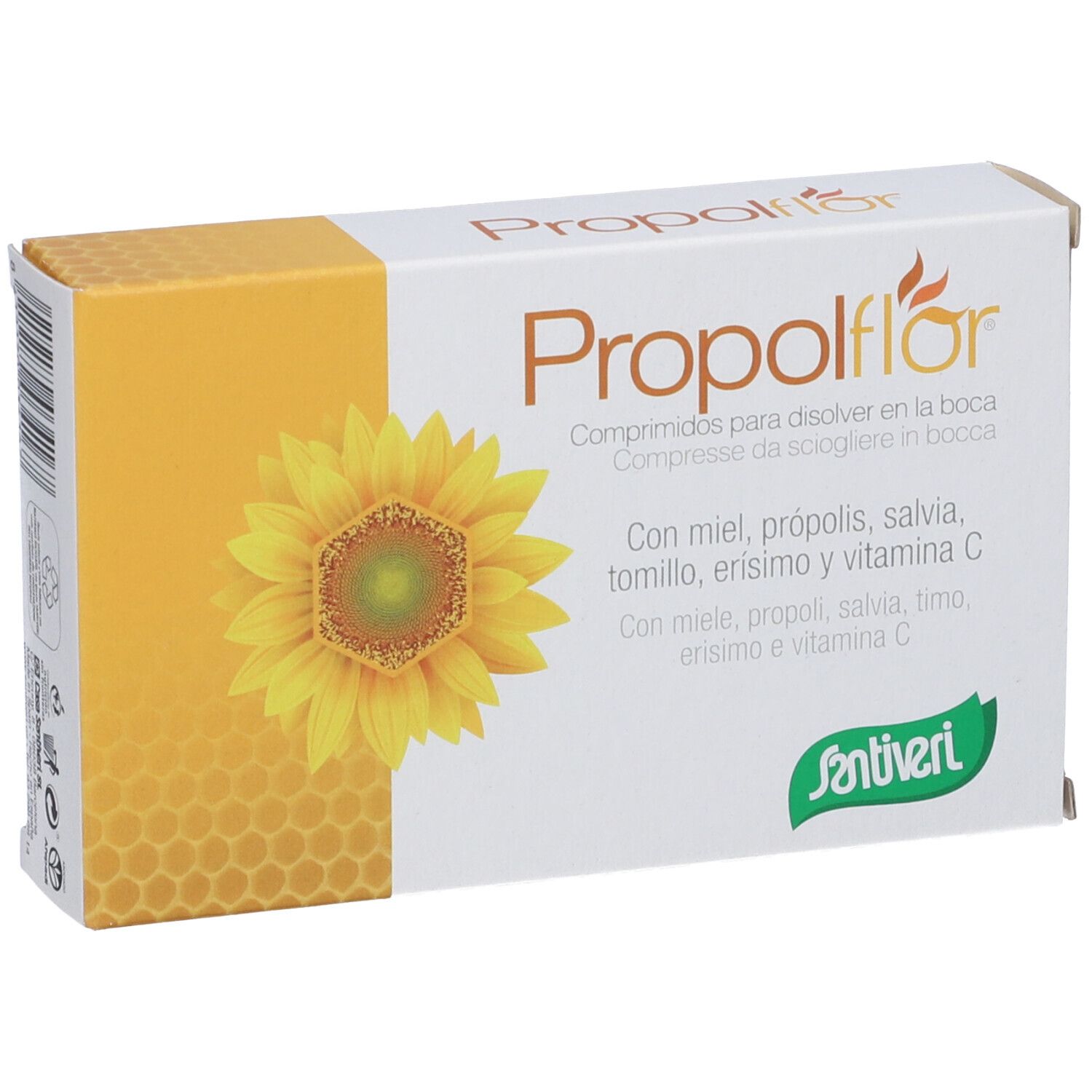 Scatola di compresse "Propolflor". Illustrazione di girasole. Testo: "Con miel, propolis, salvia, tomillo, erisimo y vitamina C". Logo Santiveri.