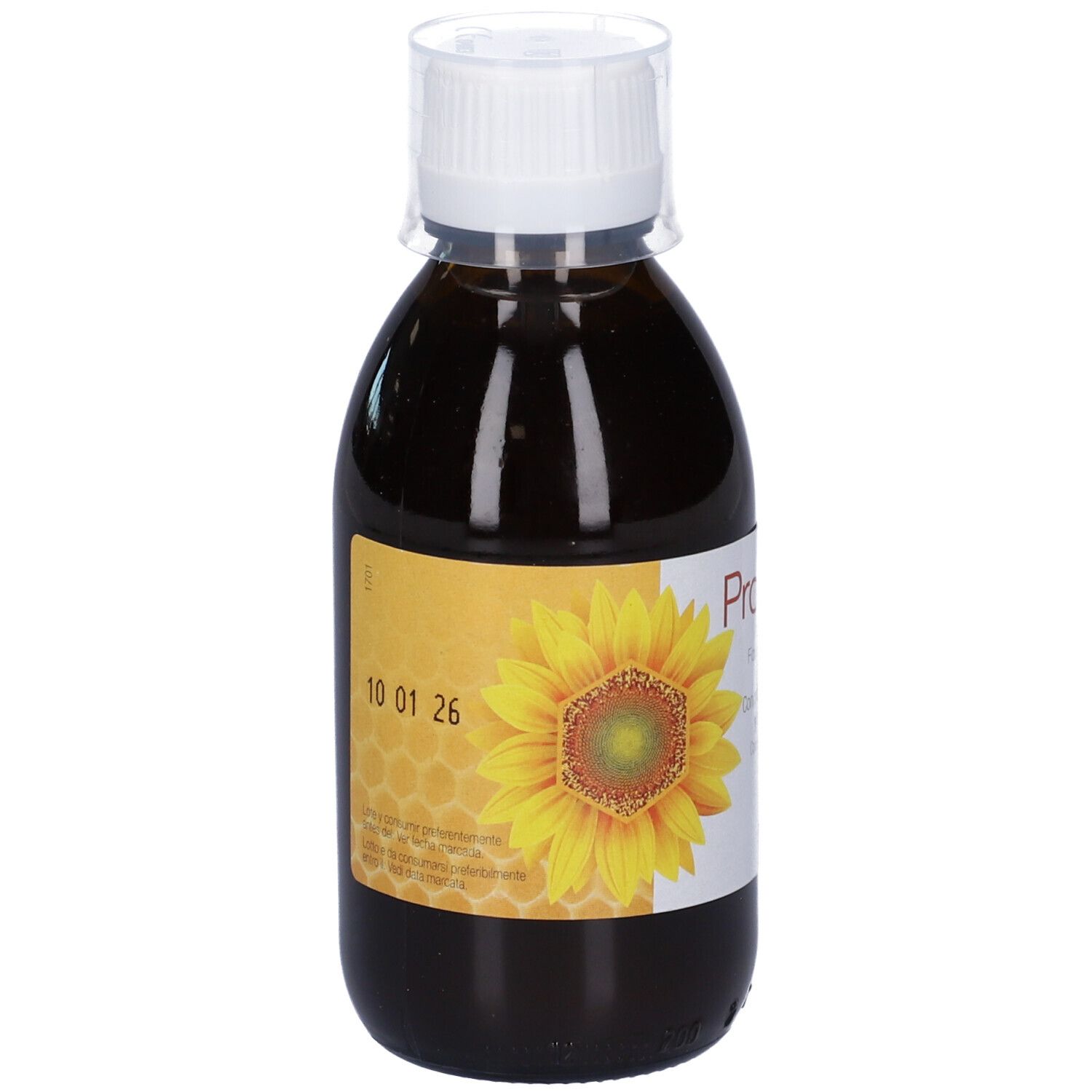 Bottiglia di liquido marrone, tappo bianco ed etichetta. Sull'etichetta: girasole, testo e data 10 01 26.
