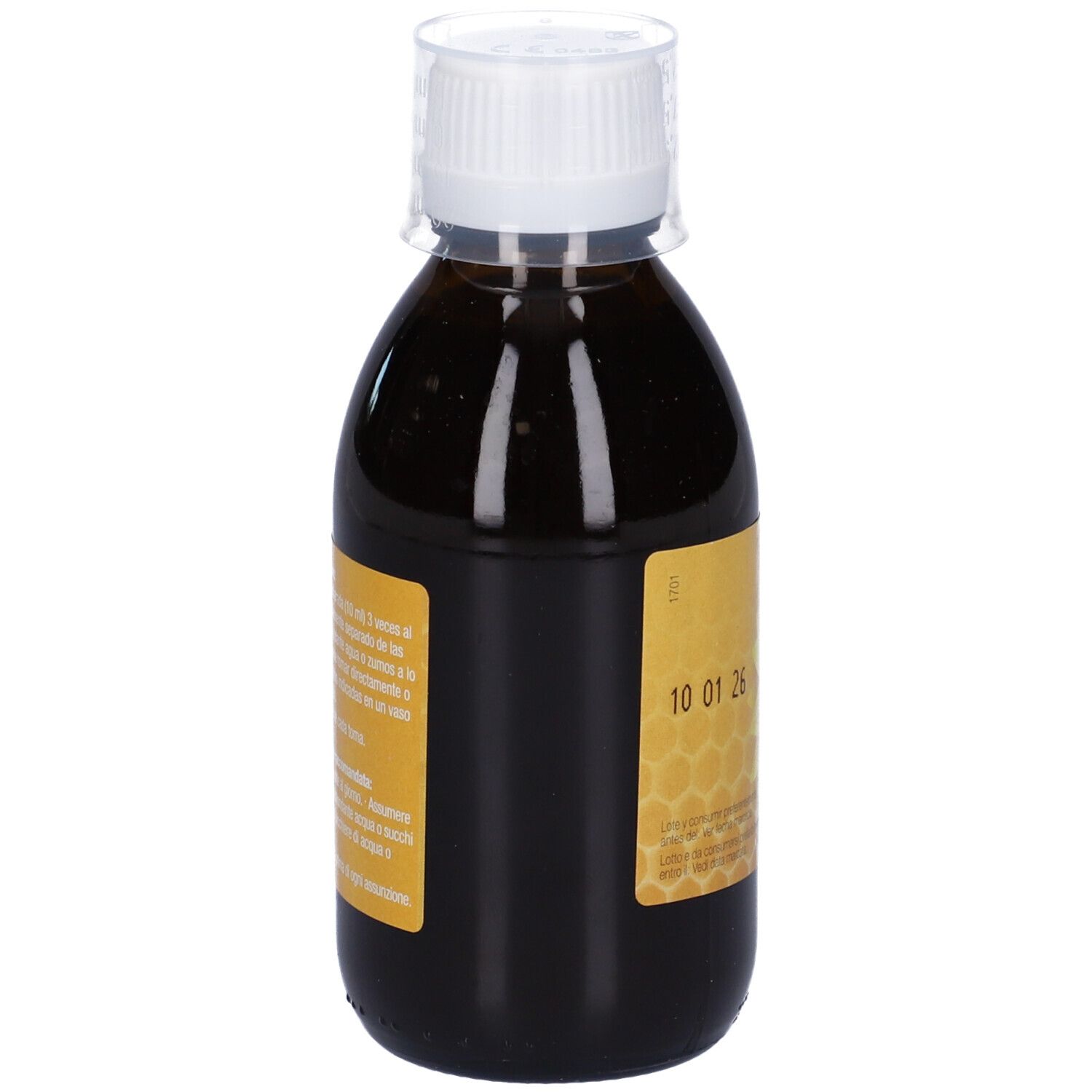 Bottiglia di liquido marrone con tappo bianco. Etichetta con testo e data 10 01 26. Retro con testo.