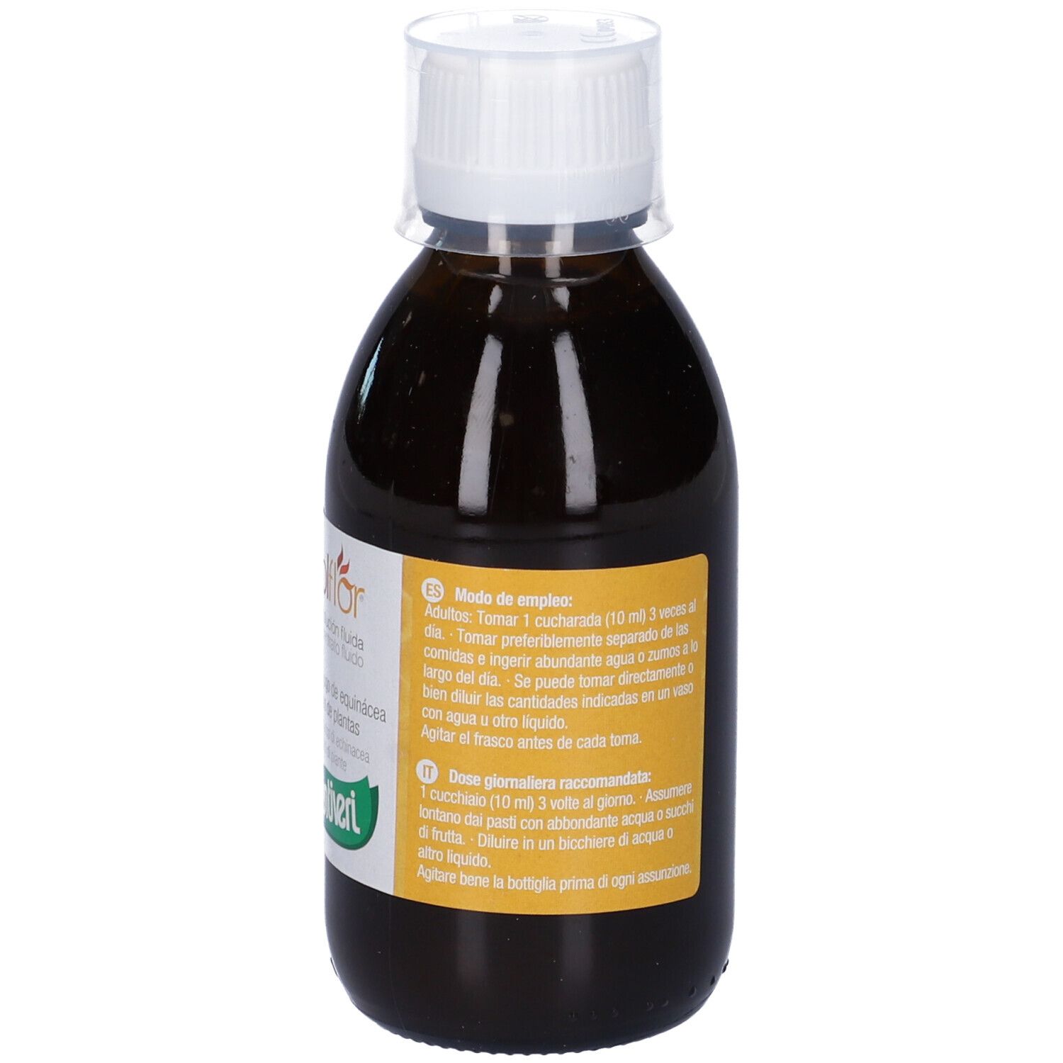 Bottiglia di liquido marrone, tappo bianco. Etichetta con testo, tra cui Santiveri. Istruzioni sul retro.
