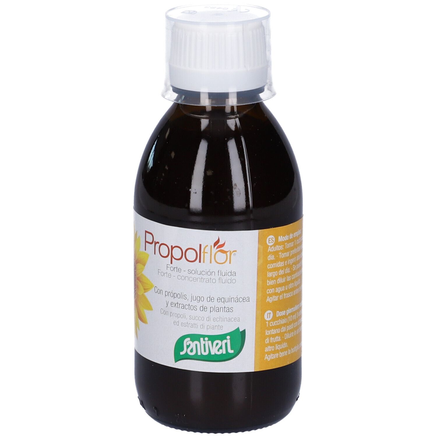 Bottiglia di liquido marrone, tappo bianco. Etichetta con girasole, testo: Propolflor Forte, Santiveri.
