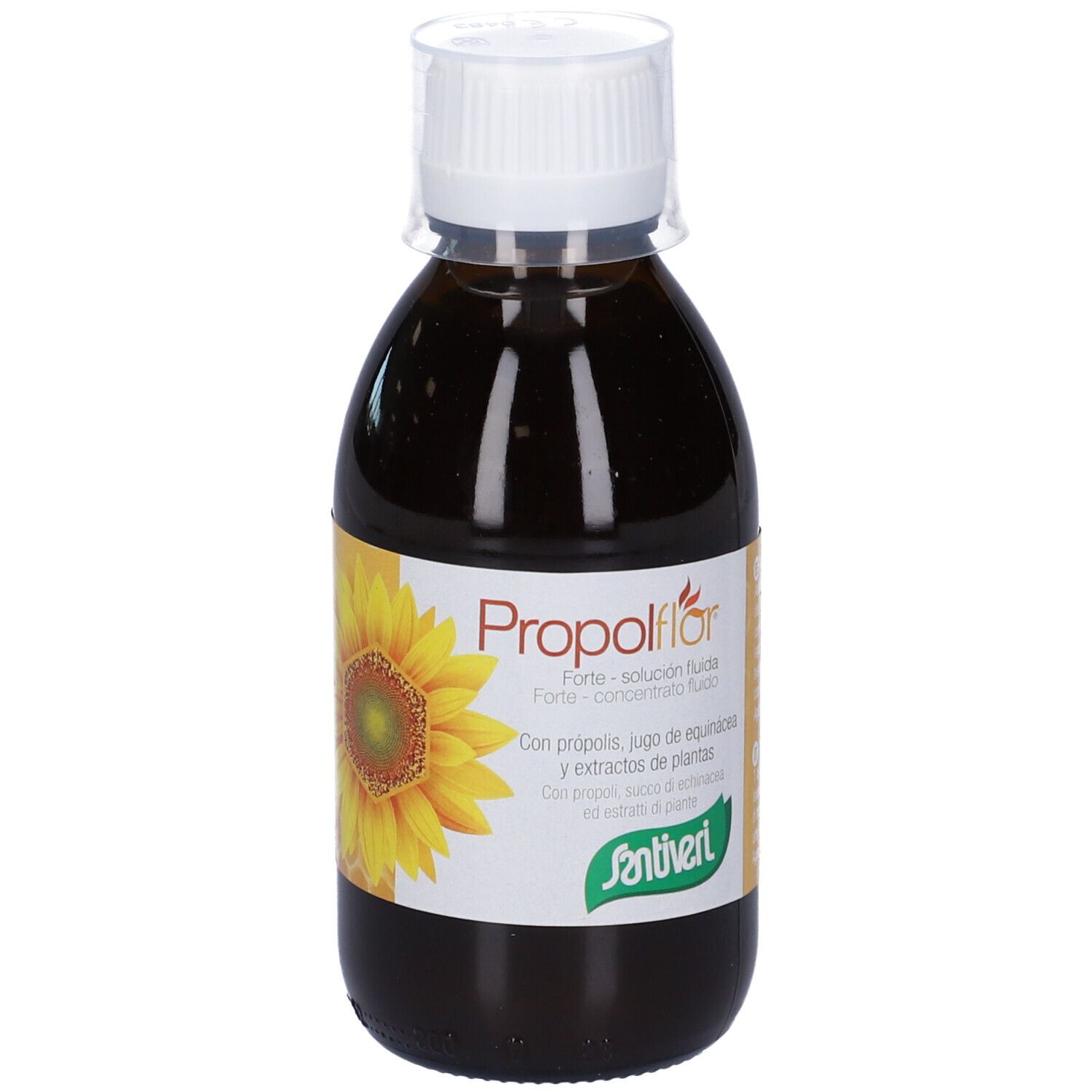 Bottiglia di liquido marrone, tappo bianco. Etichetta con girasole, testo: Propolflor Forte, Santiveri.