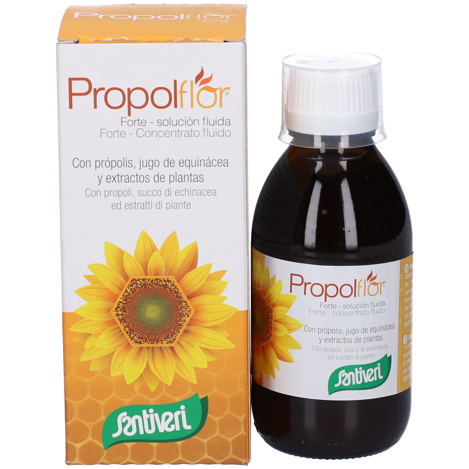 Confezione e bottiglia del prodotto. Confezione con testo: Propolflor Forte. Bottiglia con girasole e testo: Propolflor Forte, Santiveri.