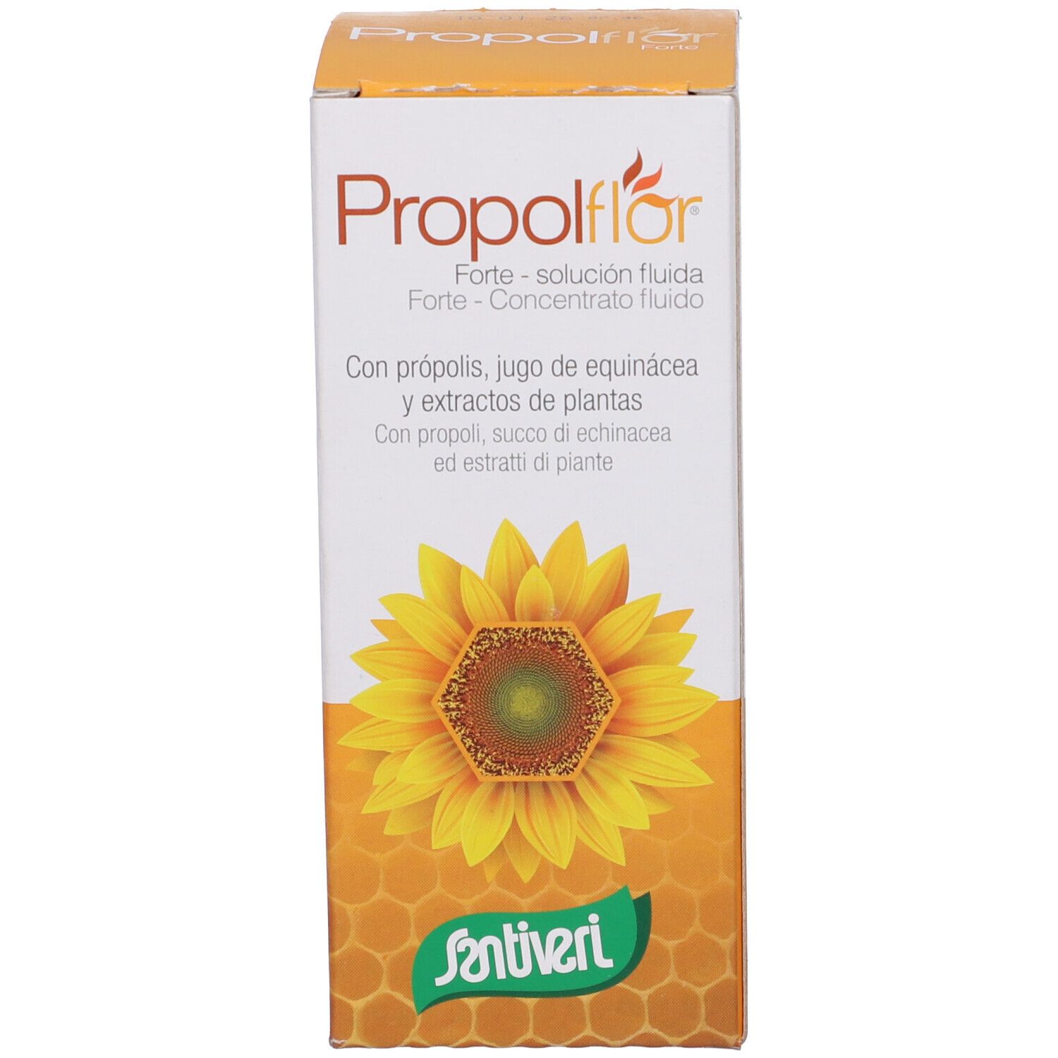 Confezione del prodotto con testo: Propolflor Forte. Girasole e logo Santiveri.