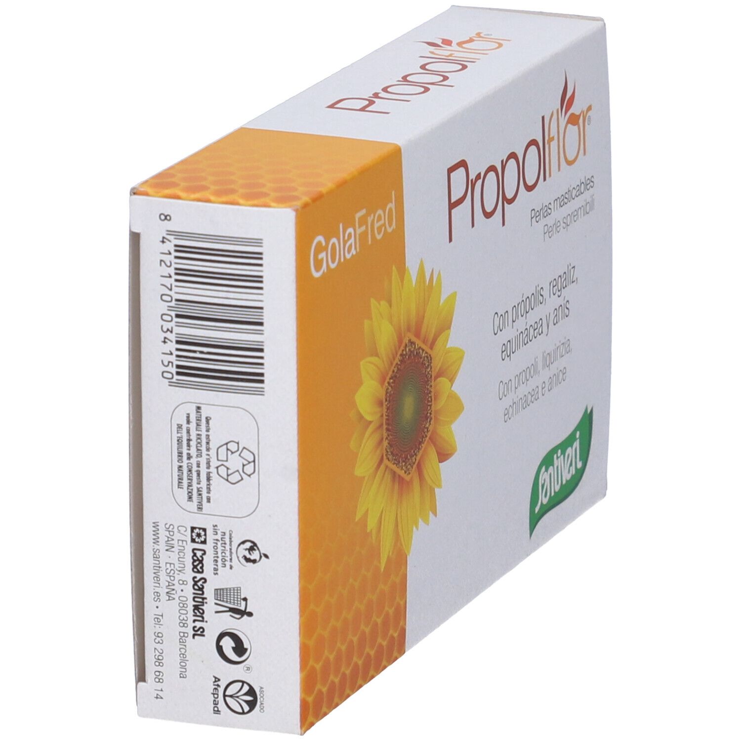 Vista obliqua della confezione Propolflor GolaFred. Codice a barre e informazioni del produttore sul retro.