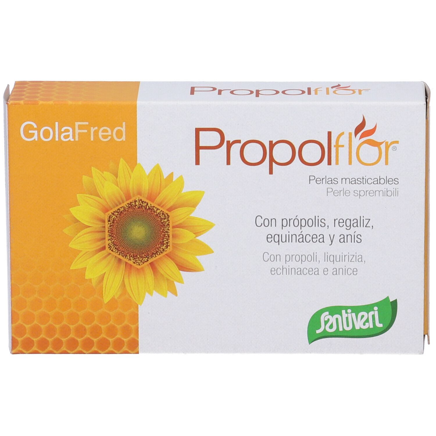 Confezione Propolflor GolaFred con girasole e nome del prodotto. Logo Santiveri.