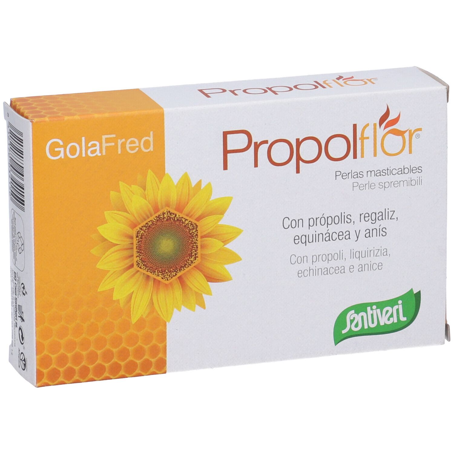 Confezione Propolflor GolaFred con girasole e nome del prodotto. Logo Santiveri.