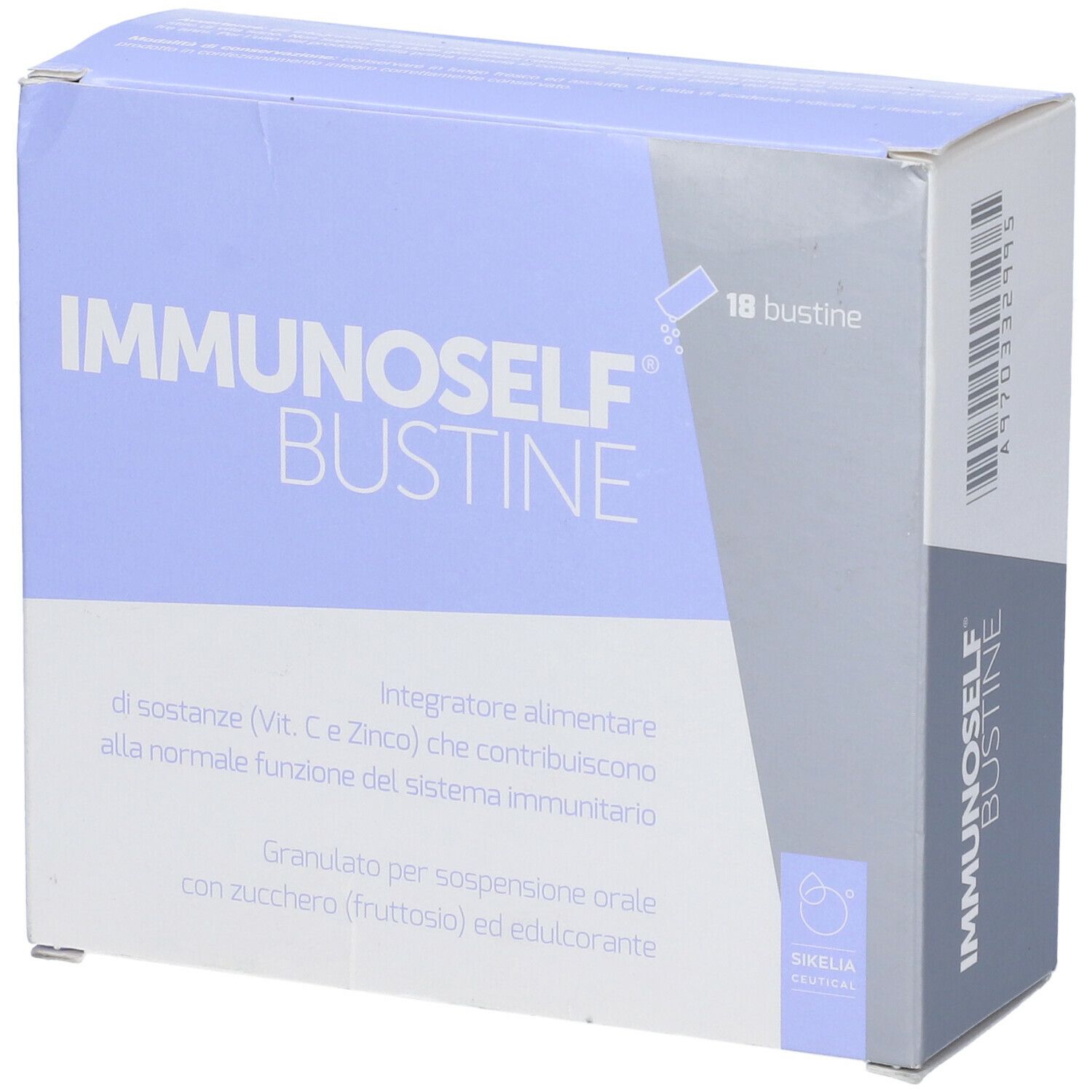 Confezione del prodotto. Scritto: Immunoself Bustine. 18 bustine. Testo su ingredienti e utilizzo.