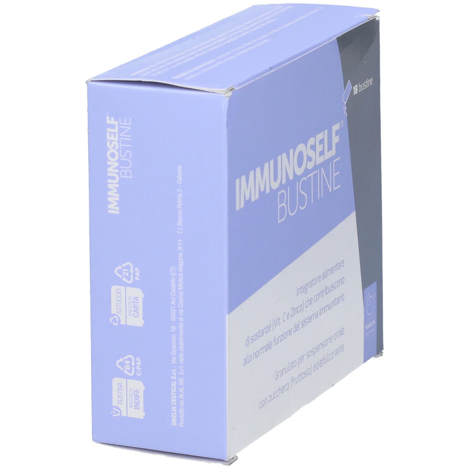 Confezione del prodotto in diagonale. Scritto: Immunoself Bustine. Confezione blu e bianca.