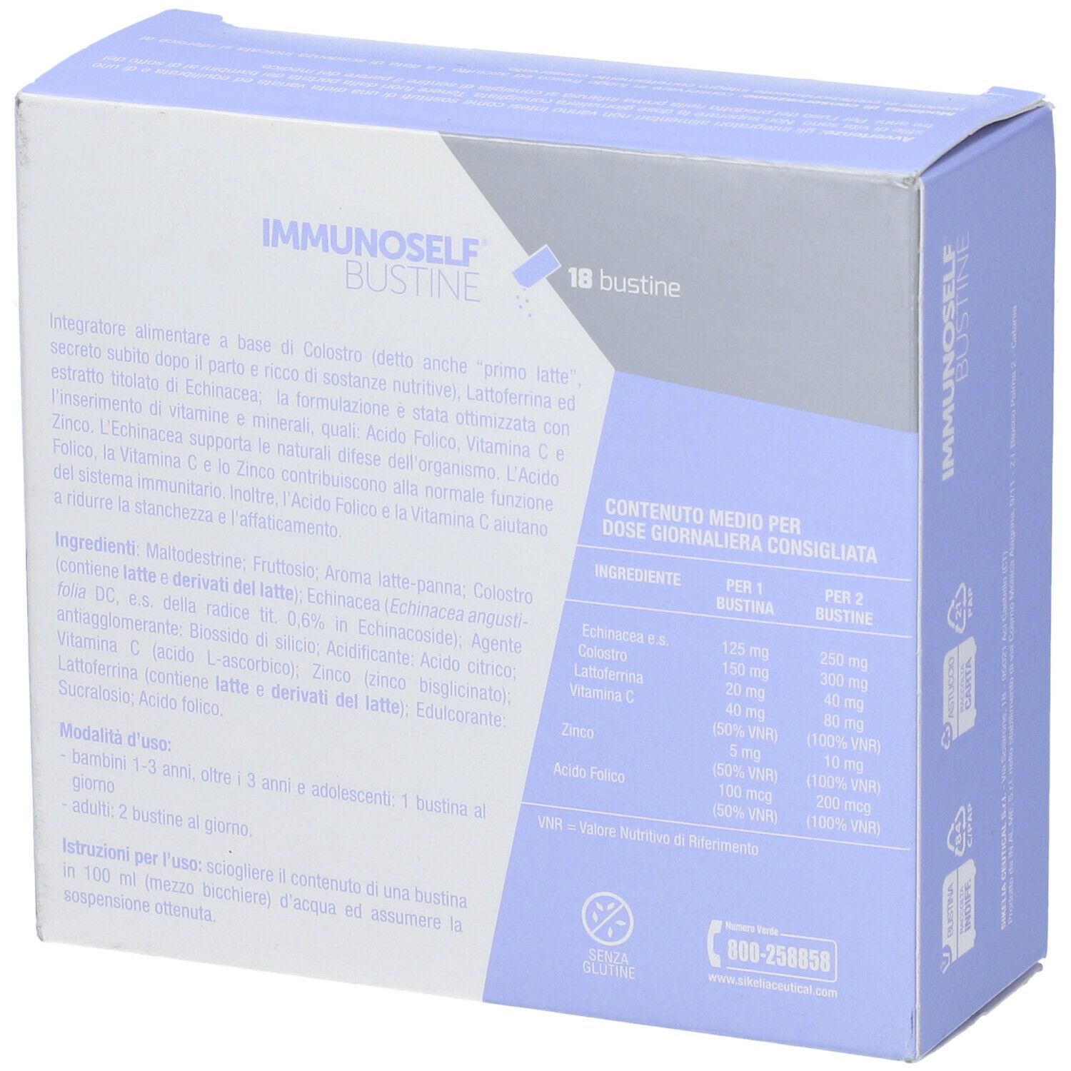 Retro della confezione del prodotto. Scritto: Immunoself Bustine. Ingredienti e informazioni nutrizionali.