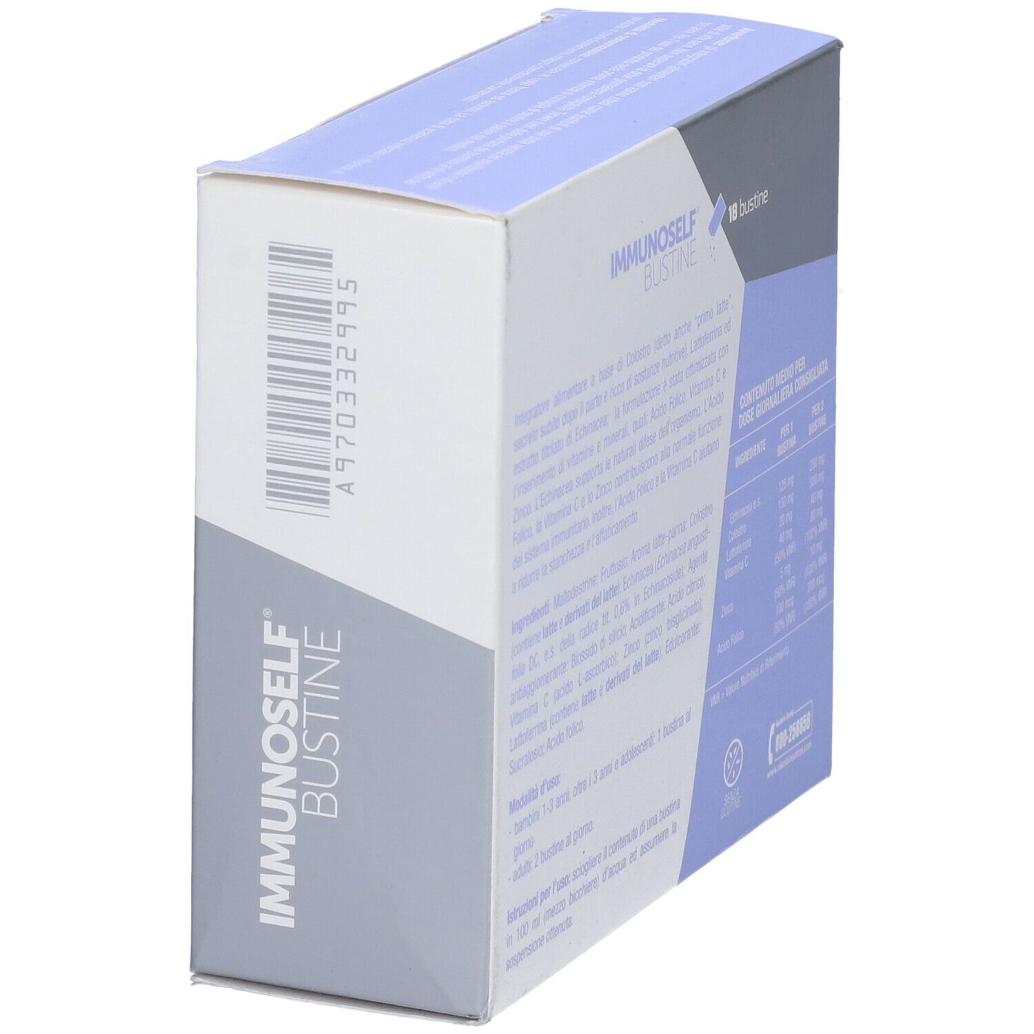 Confezione del prodotto in diagonale. Scritto: Immunoself Bustine. Retro con testo e logo.