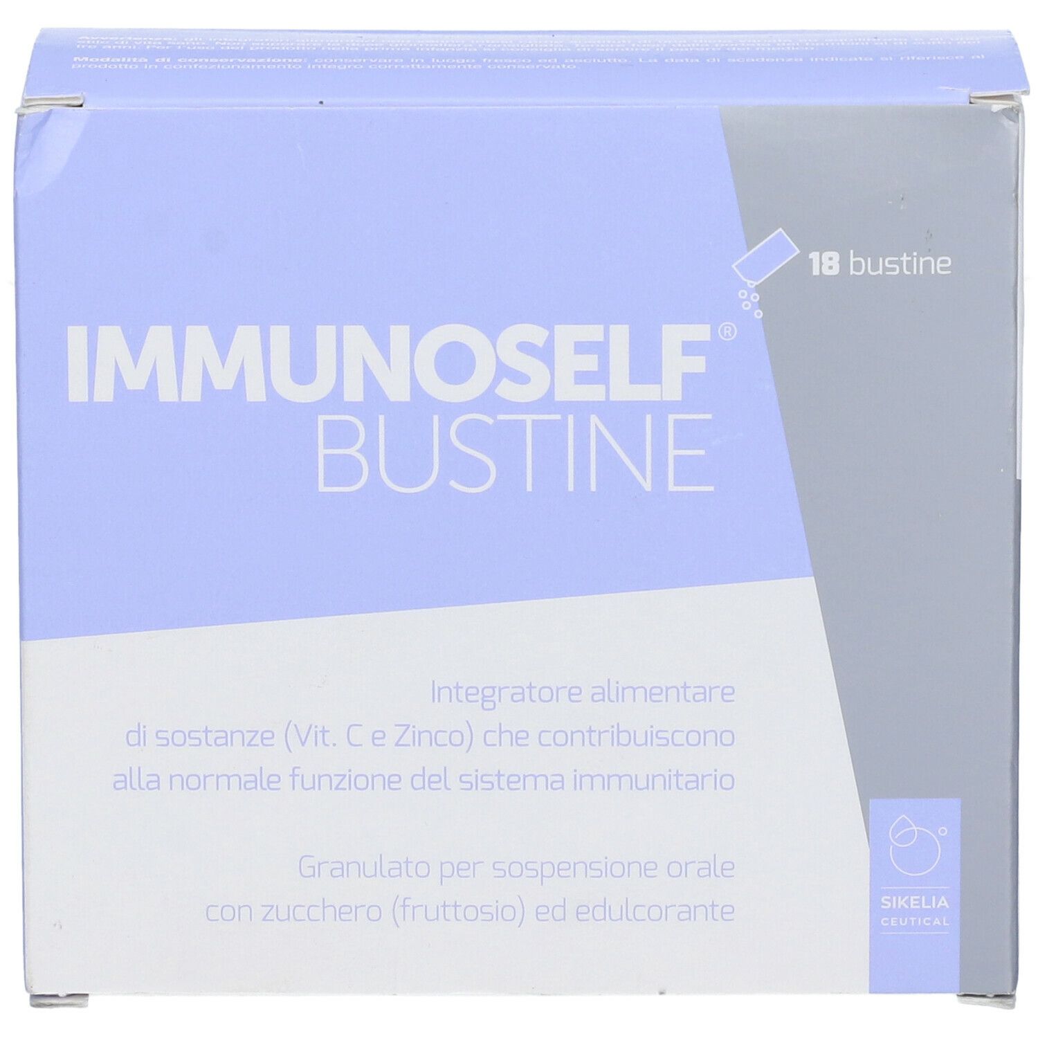 Confezione del prodotto. Scritto: Immunoself Bustine. 18 bustine. Testo su ingredienti e utilizzo.