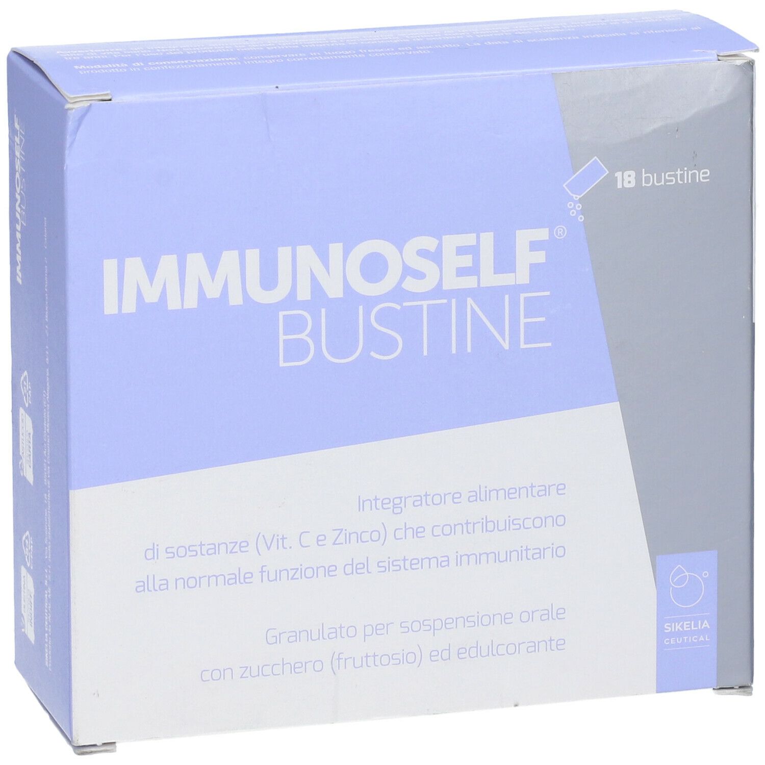 Confezione del prodotto. Scritto: Immunoself Bustine. 18 bustine. Testo su ingredienti e utilizzo.