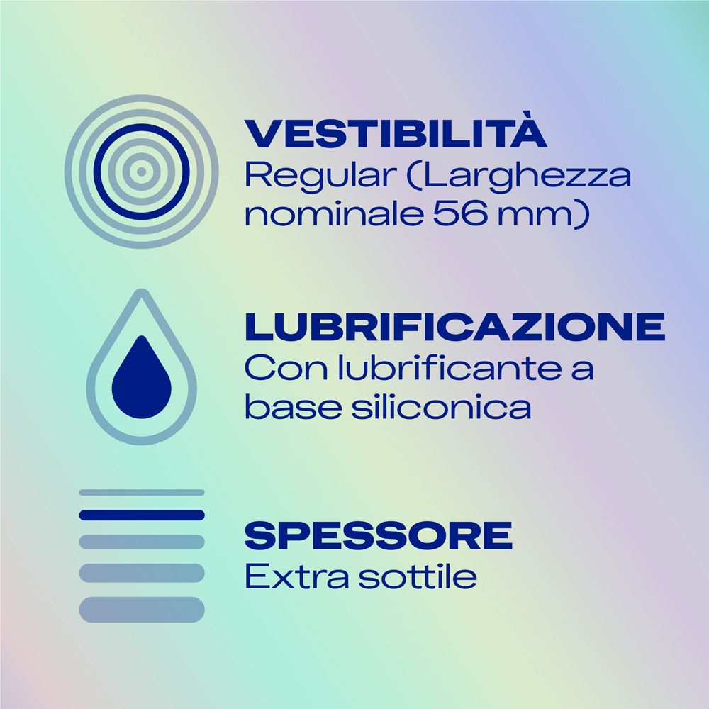 Tre icone: Vestibilità Regular (56 mm), lubrificazione a base siliconica, spessore extra sottile.