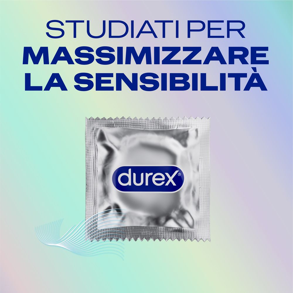 Preservativo confezionato singolarmente con logo Durex, su sfondo colorato.