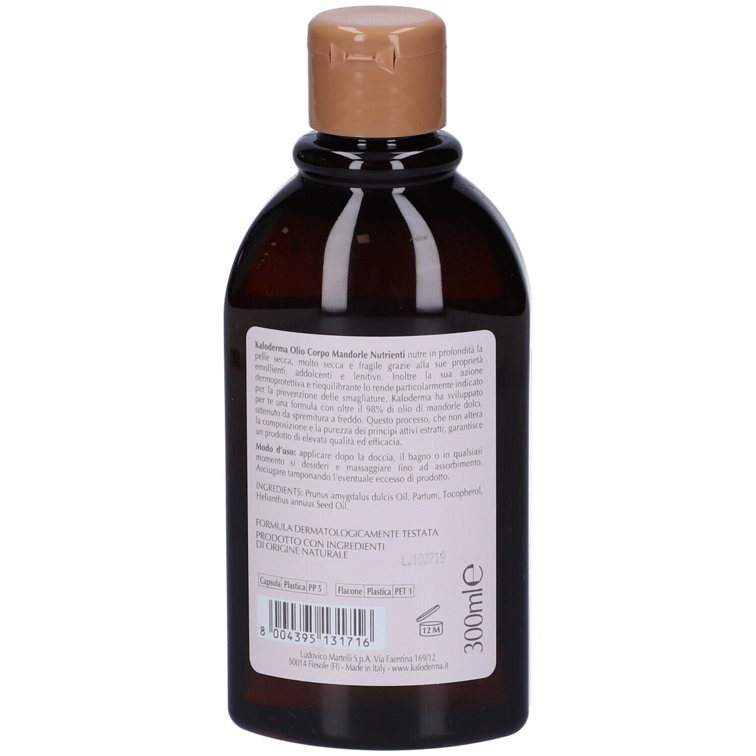 Retro flacone Kaloderma Olio Mandorle. Etichetta con testo, ingredienti e indicazione 300ml. Liquido marrone, tappo marrone.