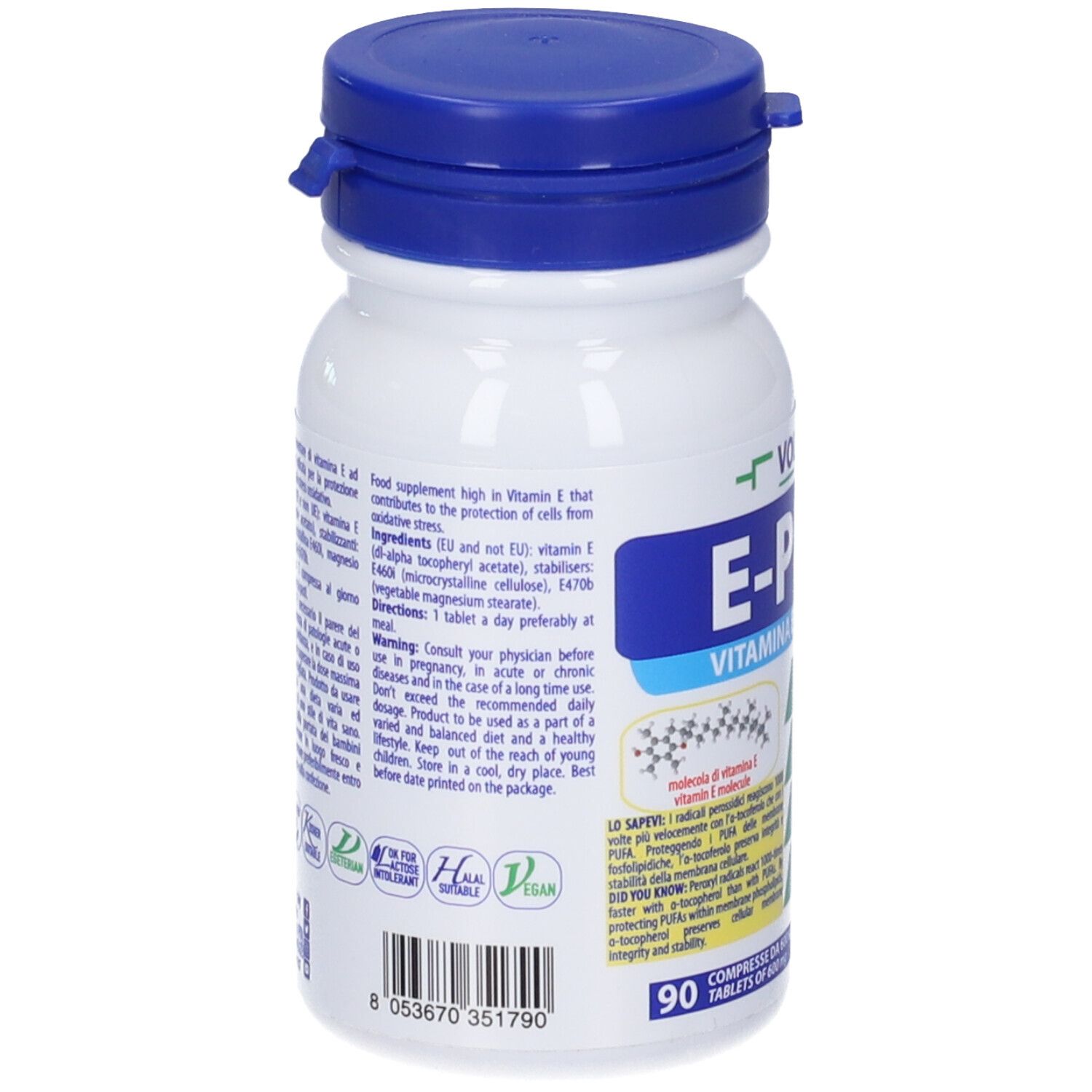 Retro del flacone bianco con tappo blu. Testo: ingredienti, istruzioni per l'uso, avvertenze.