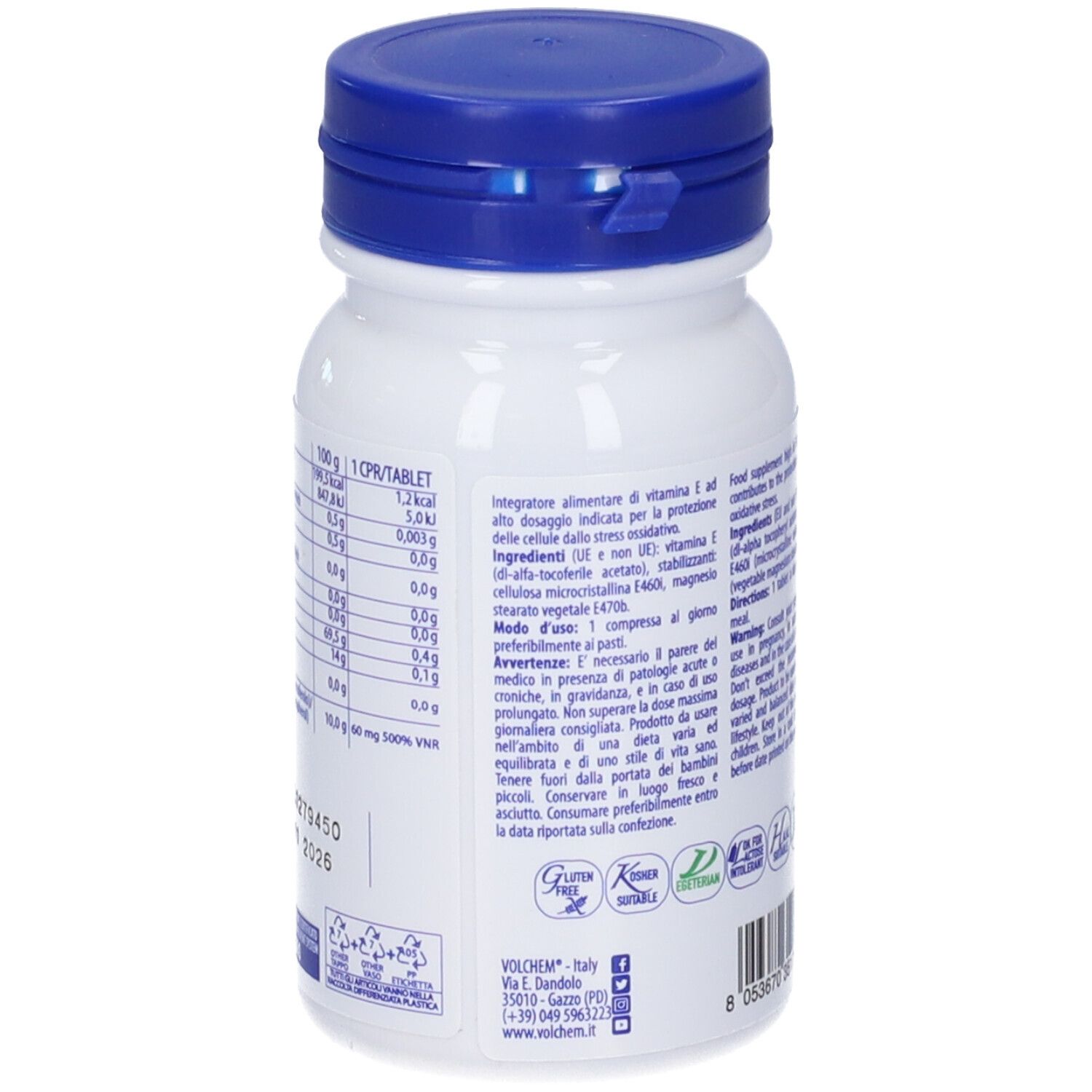 Retro del flacone bianco con tappo blu. Testo: valori nutrizionali, senza glutine, vegano.