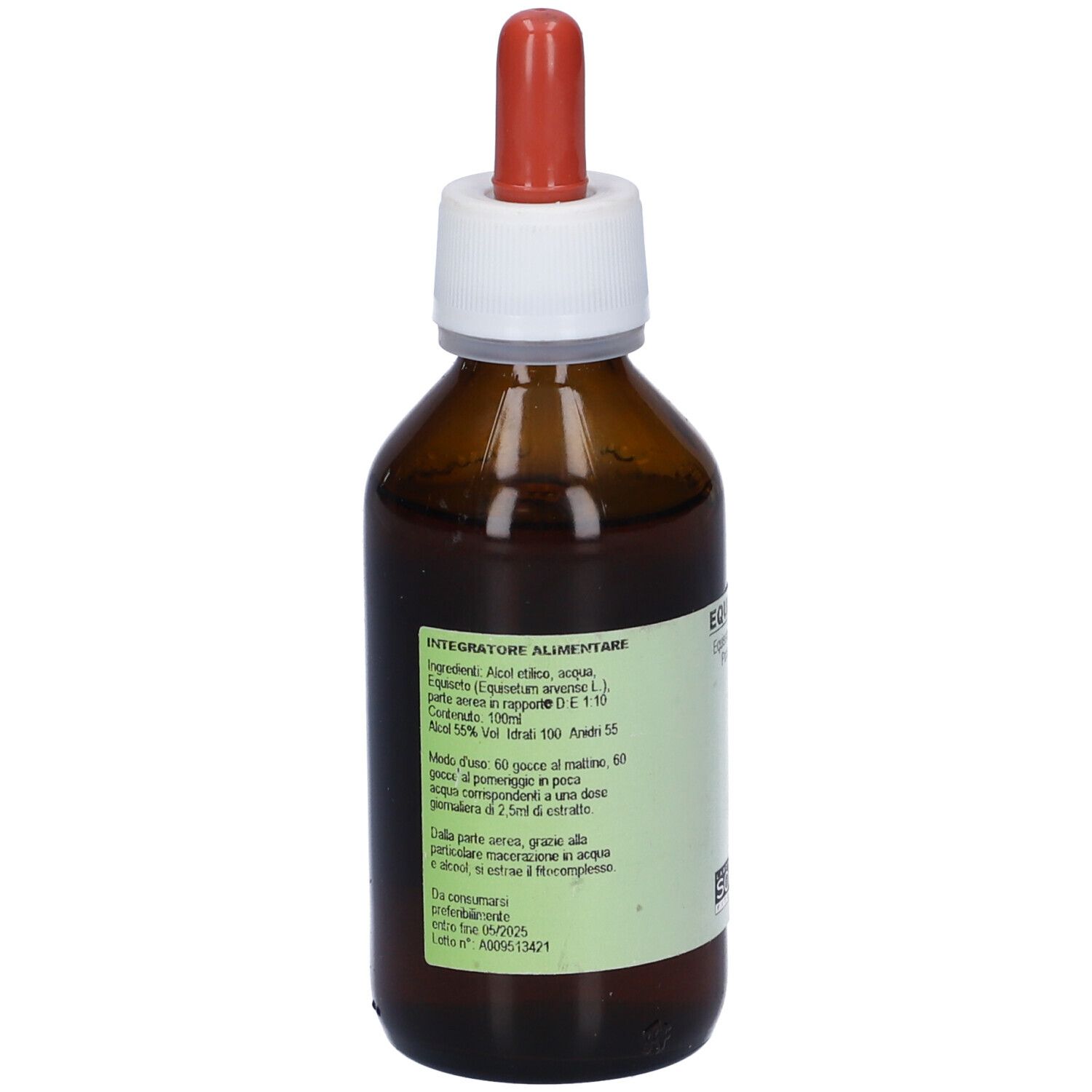 Retro del flacone di vetro marrone. Scritta: Integratore Alimentare. Ingredienti e istruzioni per l'uso.