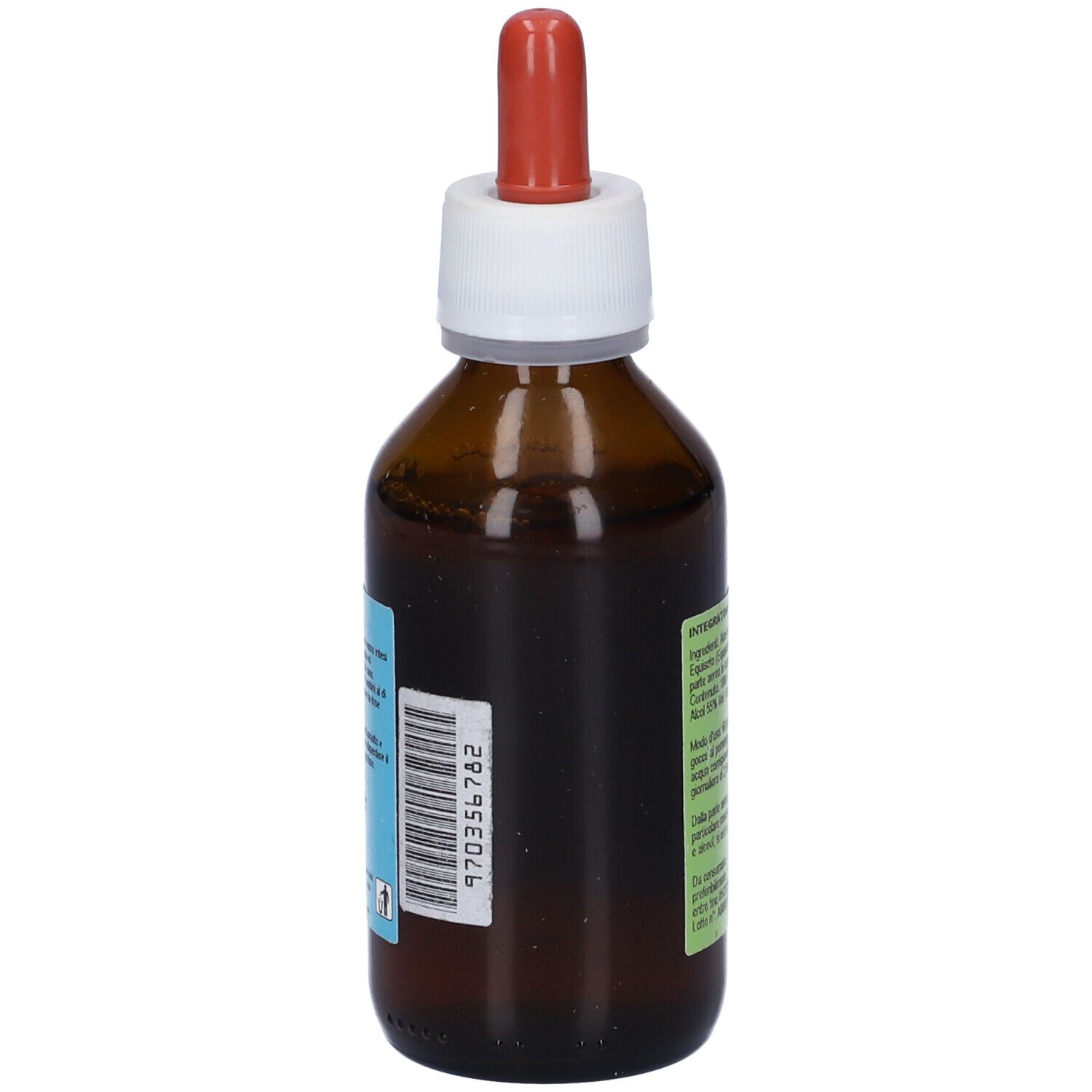 Flacone di vetro marrone con tappo bianco e contagocce rosso. Codice a barre e altre informazioni sul lato.