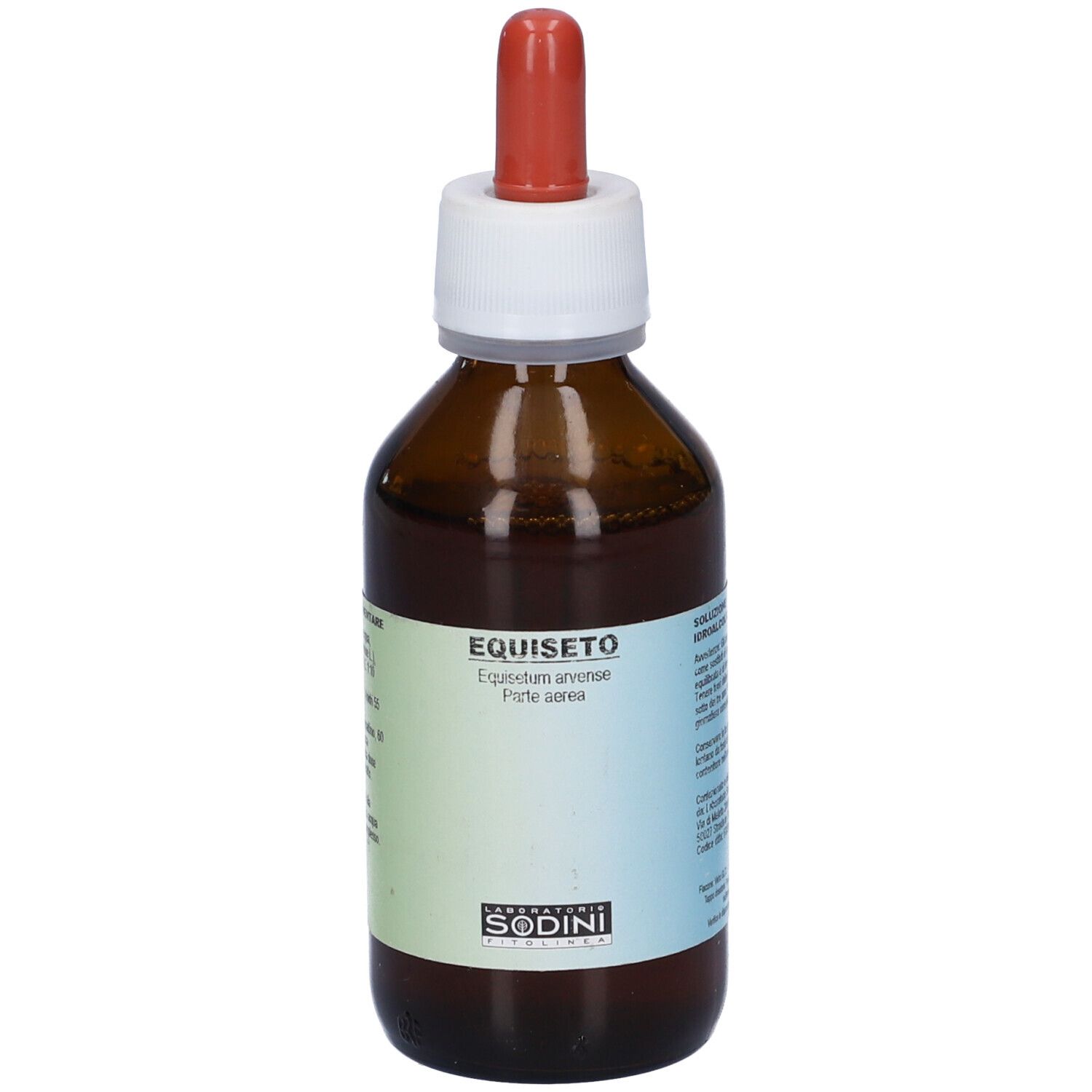 Flacone di vetro marrone con tappo bianco e contagocce rosso. Scritta: Equiseto. Marchio Sodini.