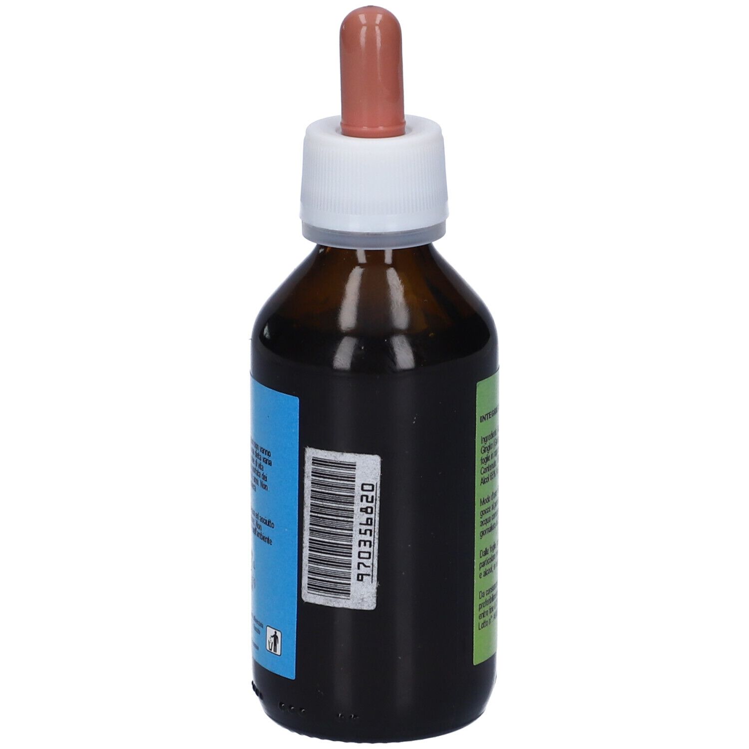 Flacone di vetro marrone con tappo bianco e contagocce rosa. Adesivo con codice a barre e informazioni sul prodotto.