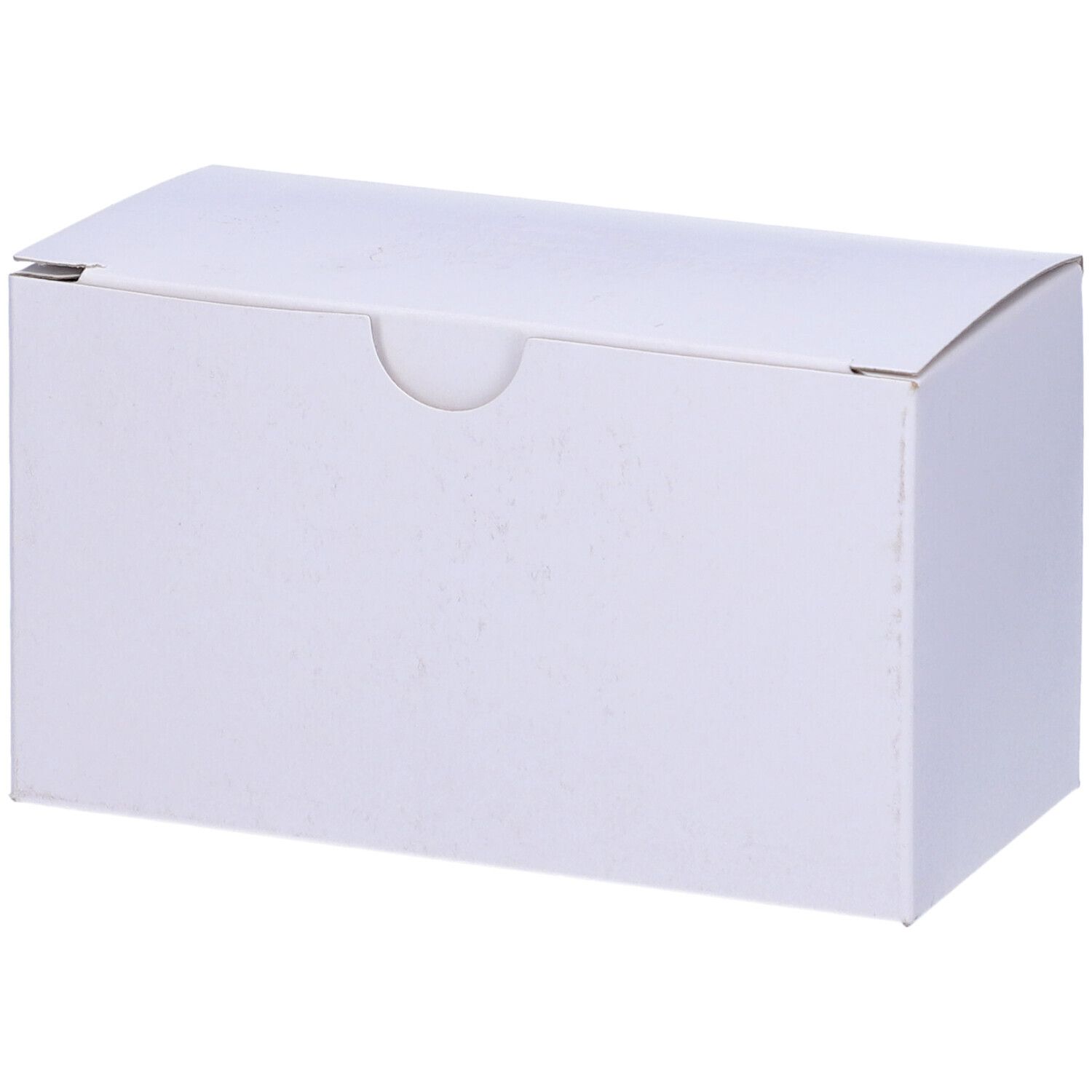 Confezione in cartone bianco chiusa. Forma rettangolare con linguetta arrotondata. Nessun logo o testo visibile.