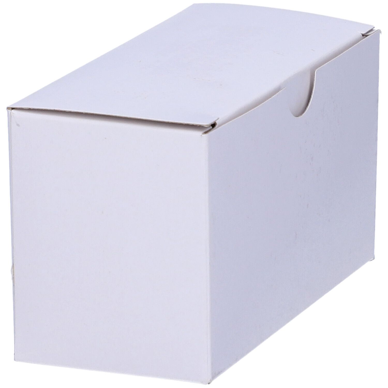 Confezione in cartone bianco chiusa. Forma rettangolare con linguetta arrotondata. Nessun logo o testo visibile.
