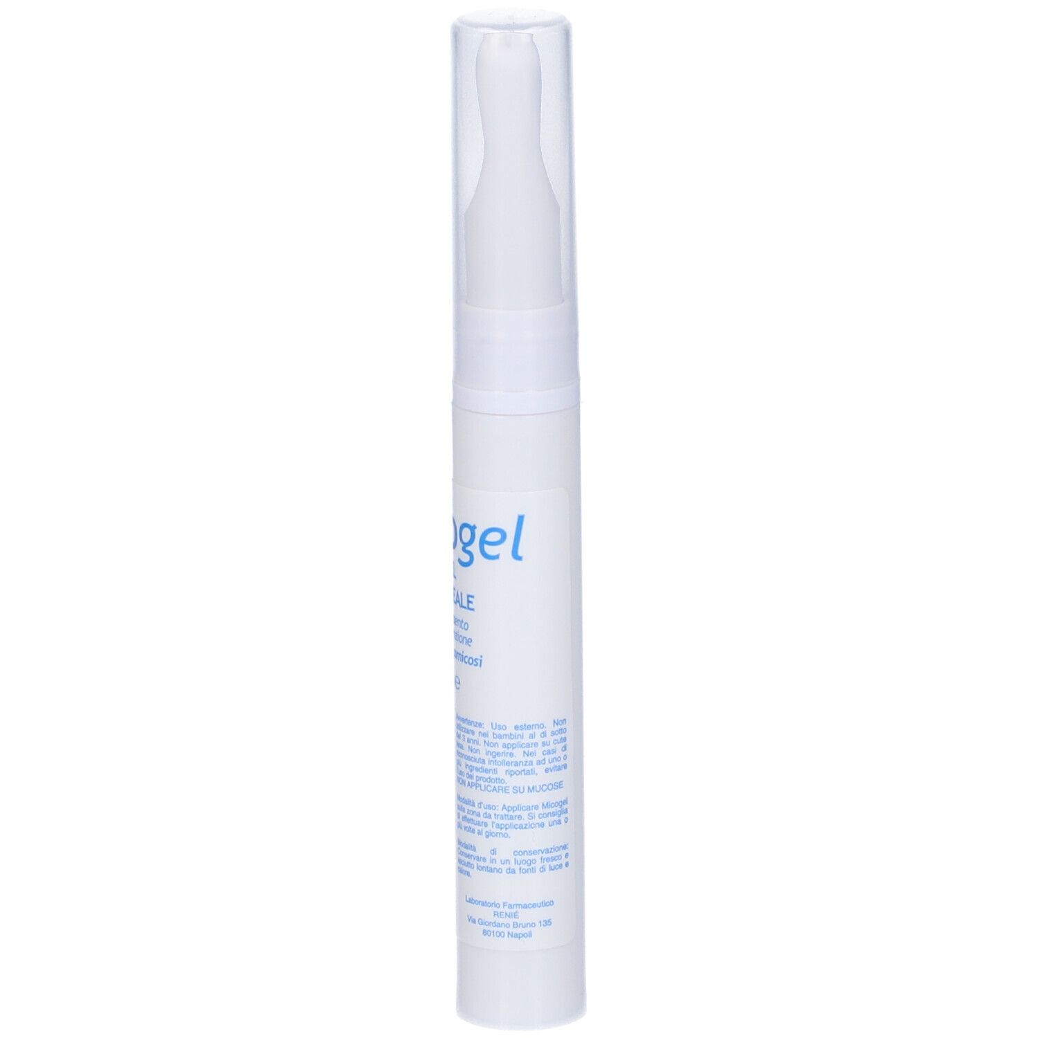 Applicatore gel bianco con tappo trasparente. Scritta blu: Micogel, Gel Ungueale. 15 ml.