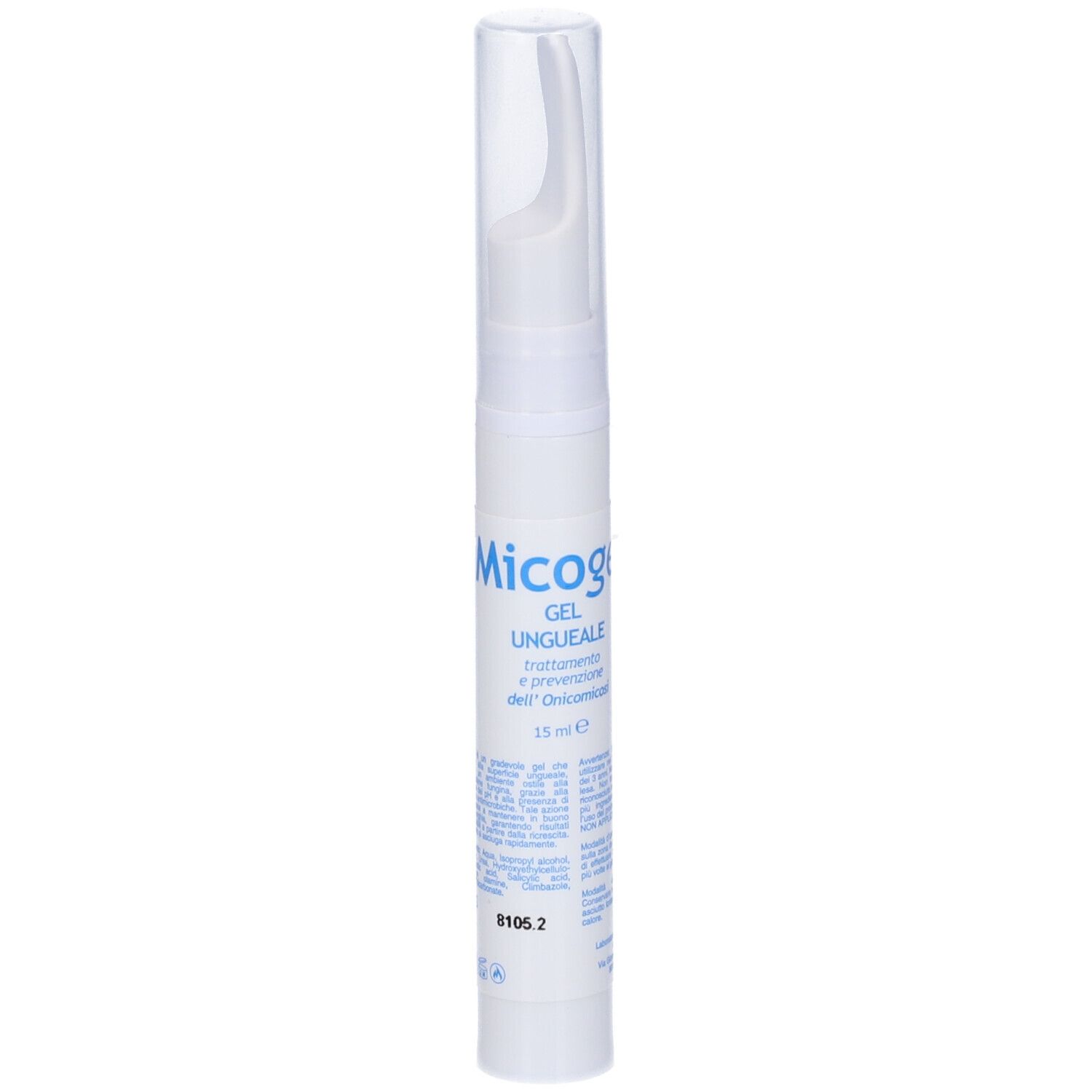 Applicatore gel bianco con tappo trasparente. Scritta blu: Micogel, Gel Ungueale. 15 ml.