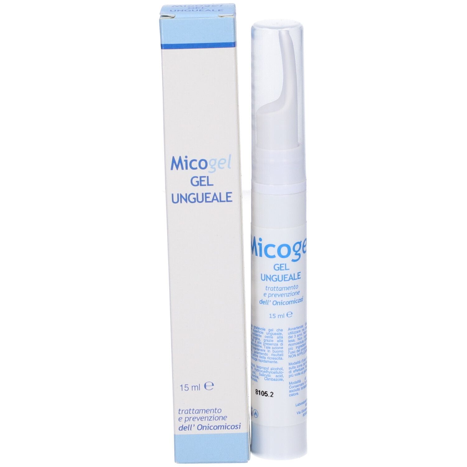 Applicatore gel bianco e scatola. Scritta blu: Micogel, Gel Ungueale. 15 ml. Scatola.