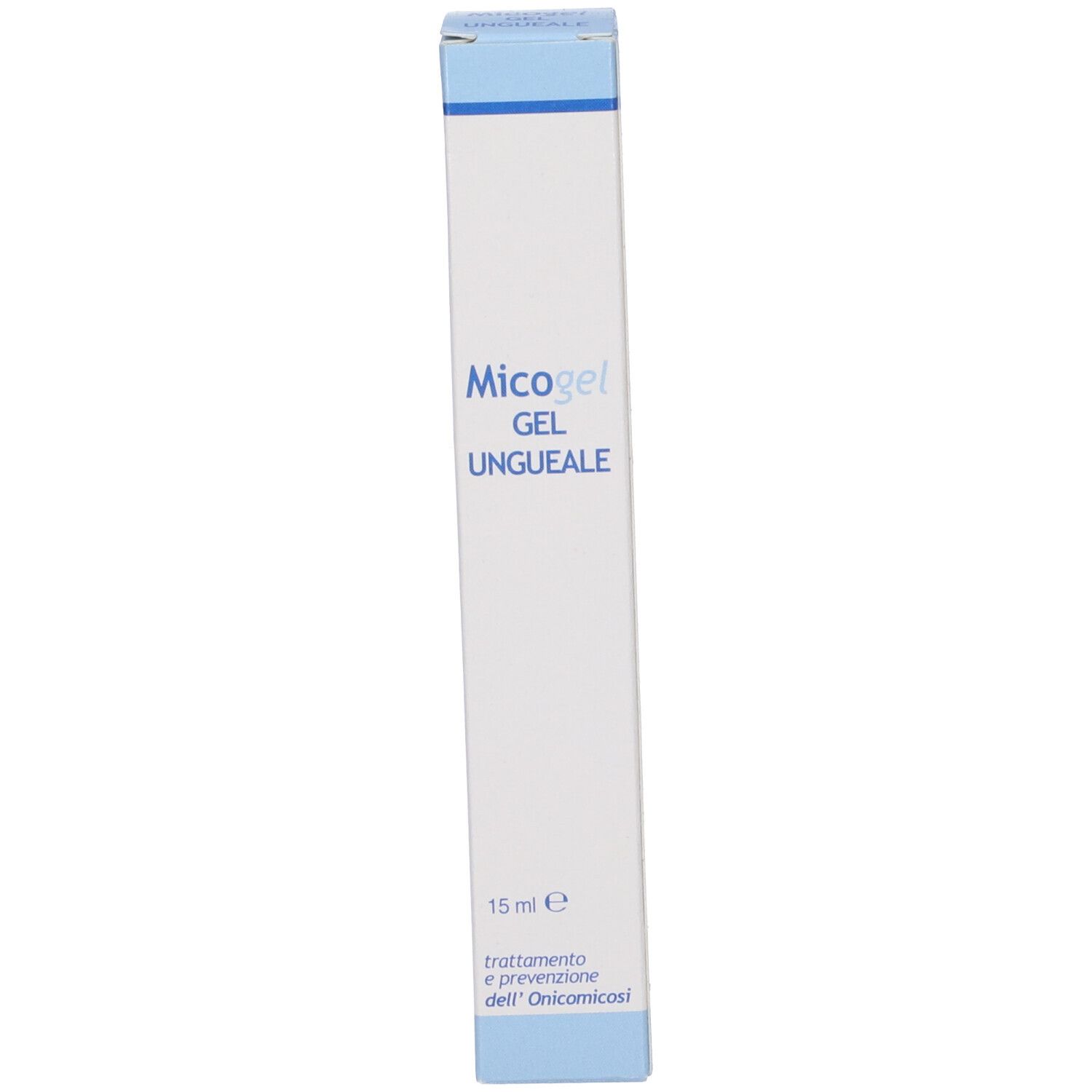 Scatola bianca con scritta blu: Micogel, Gel Ungueale. 15 ml. Testo in basso.
